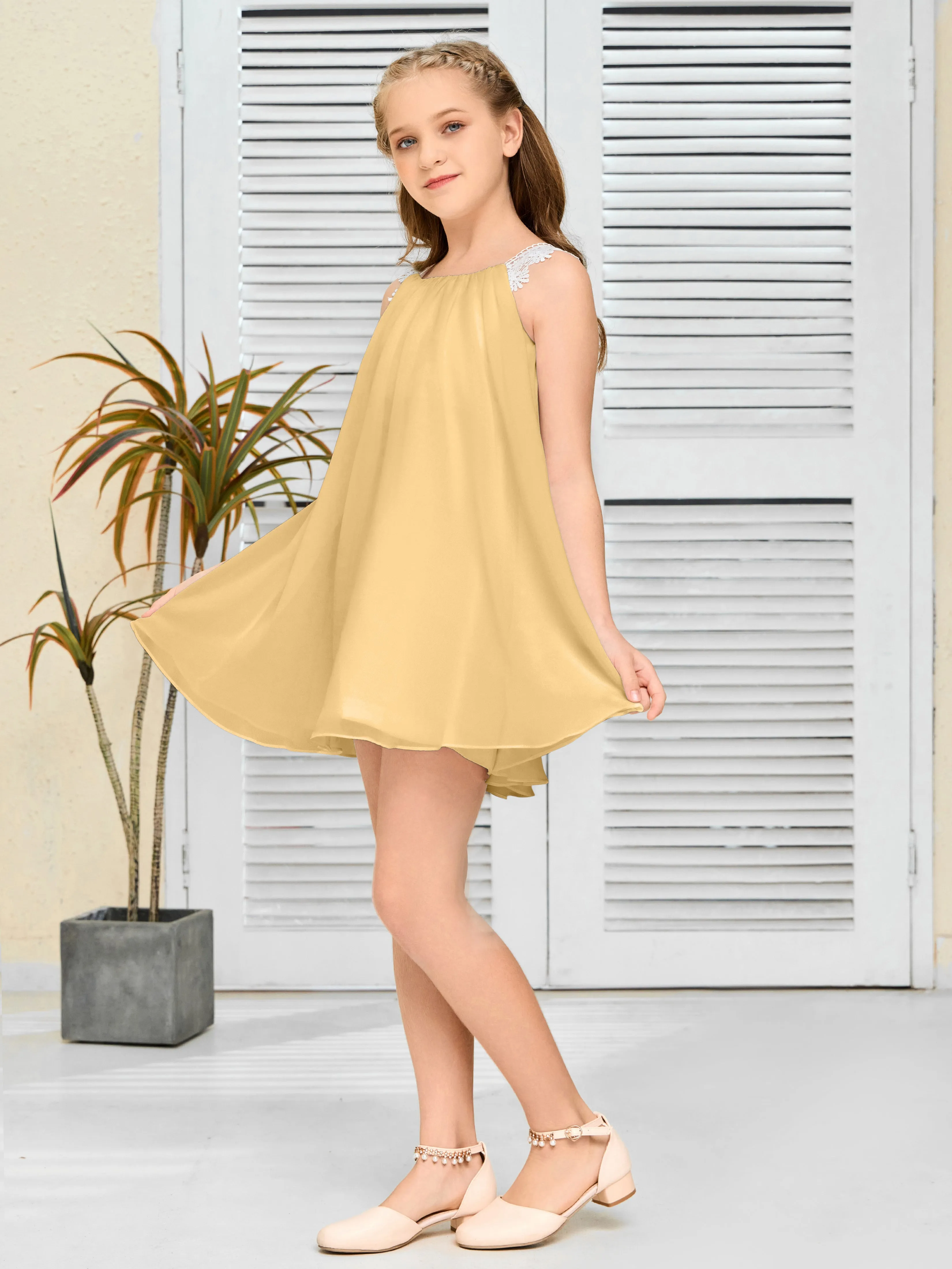 Fluffy Lace Straps Chiffon Junior Bridesmaid Dress