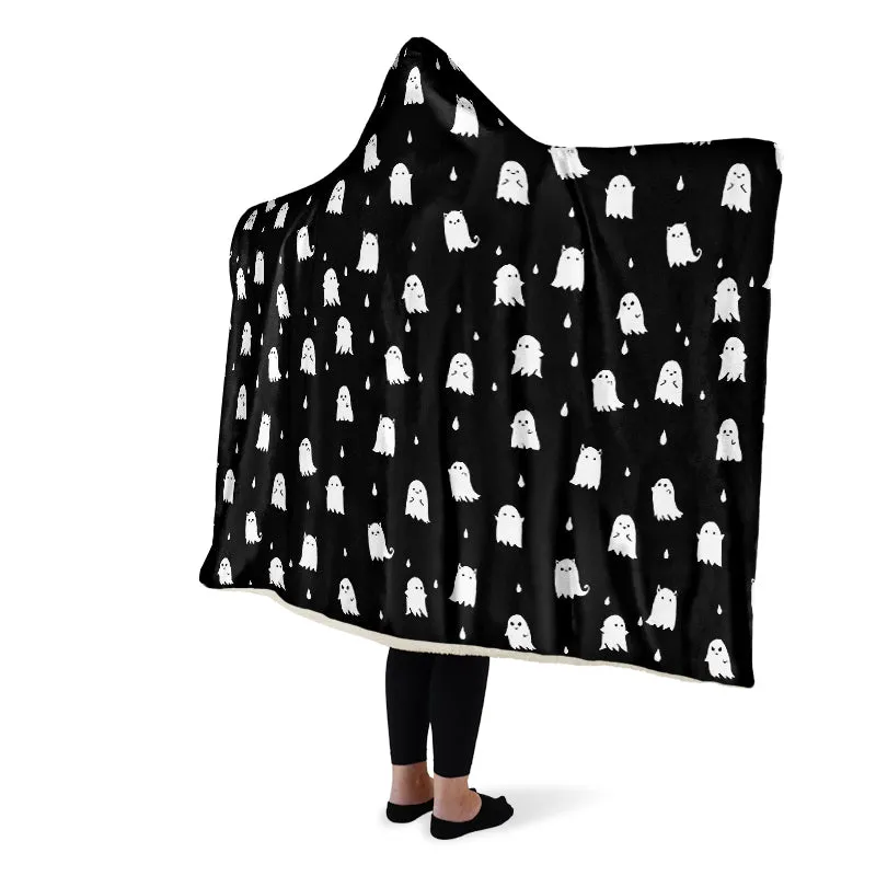 Ghost Party Hooded Blanket - Cozy and Warm Wrap-around Blanket with Vegan Fur Lining and Hood