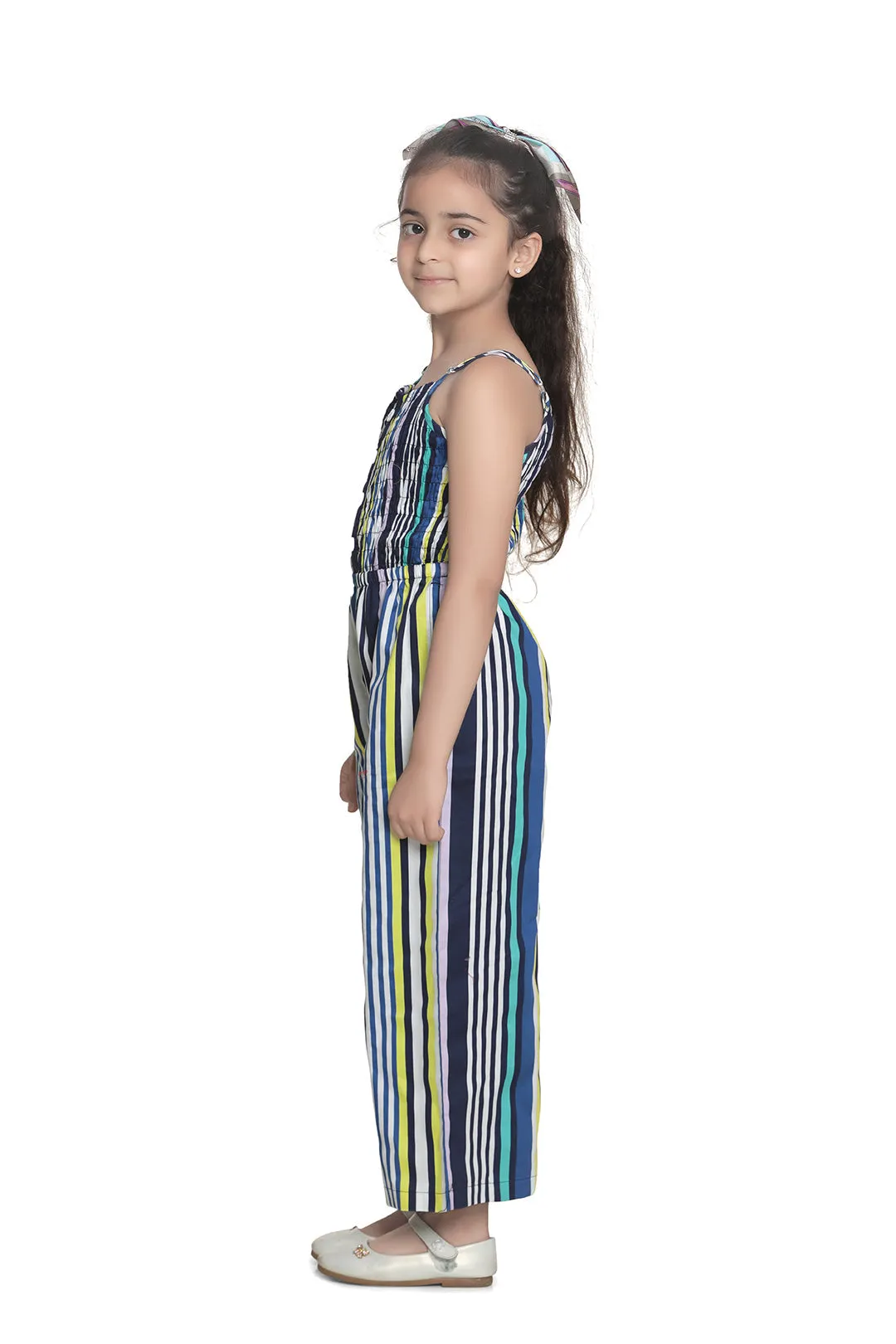 Girl's  Cotton Blue Stripe Jumpsuit With Smocked Chest - StyleStone Kid