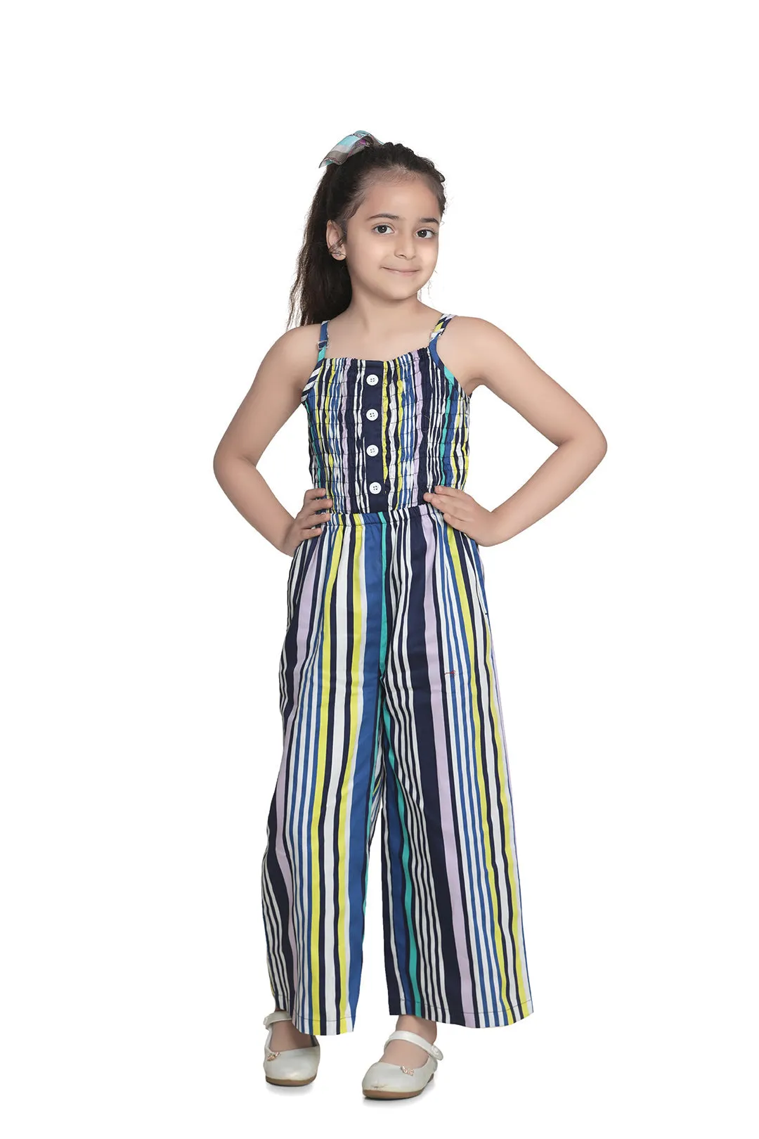 Girl's  Cotton Blue Stripe Jumpsuit With Smocked Chest - StyleStone Kid