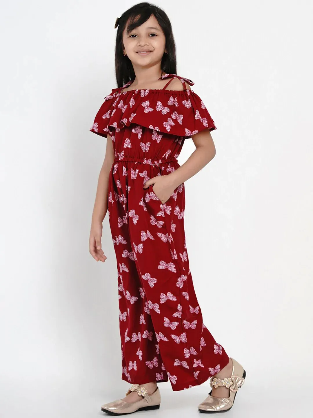 Girls Maroon & White Printed Basic Jumpsuit