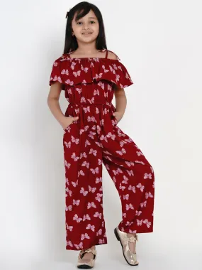 Girls Maroon & White Printed Basic Jumpsuit