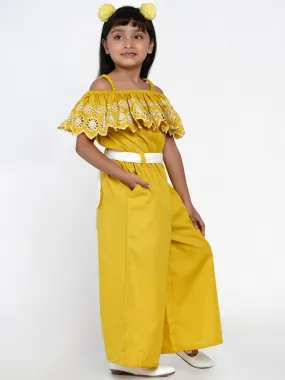 Girls Mustard Yellow & White Off-Shoulder Schiffli Basic Jumpsuit