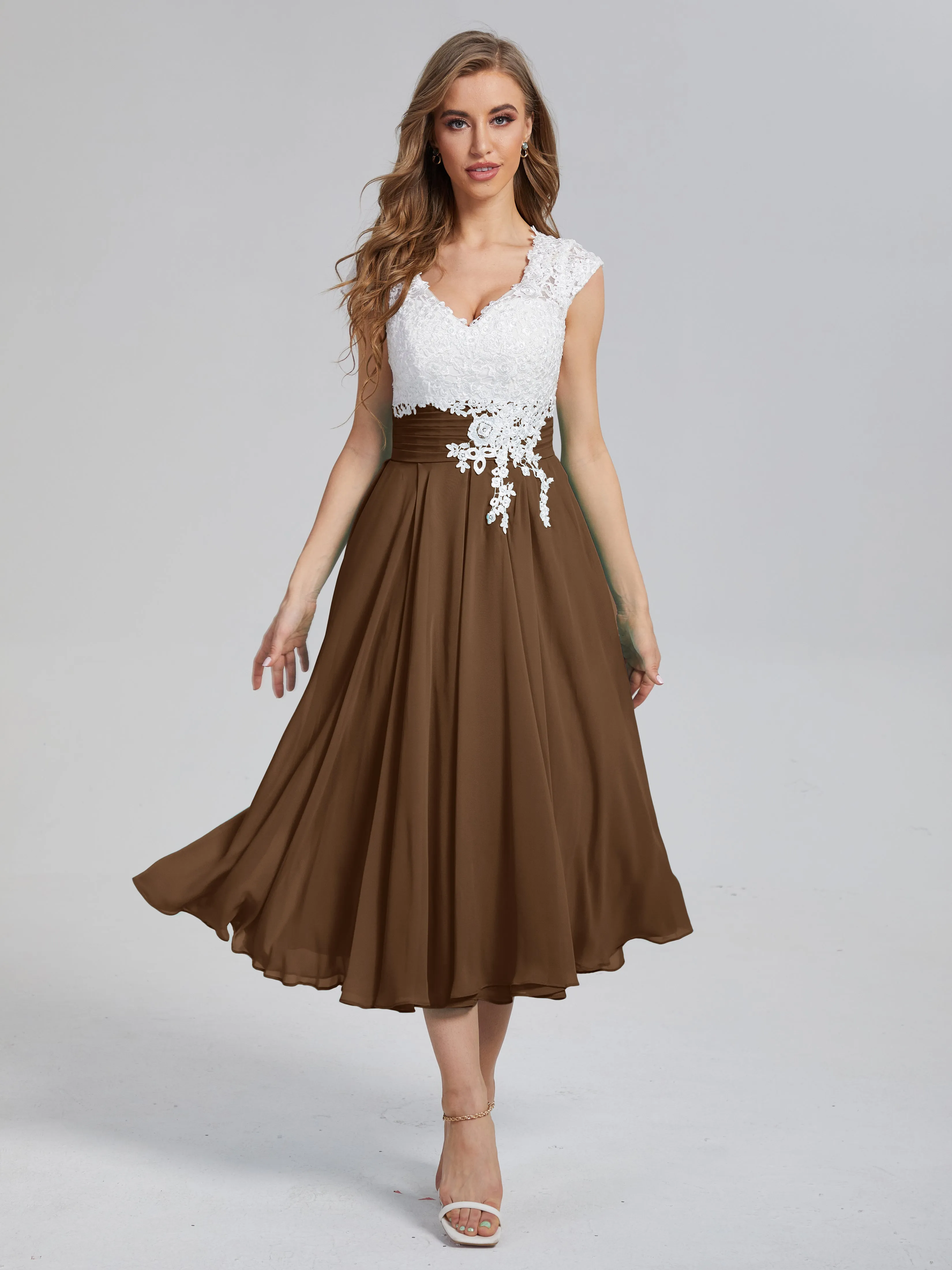 Graceful Lace Tea Length Chiffon Mother of the Bride Dresses