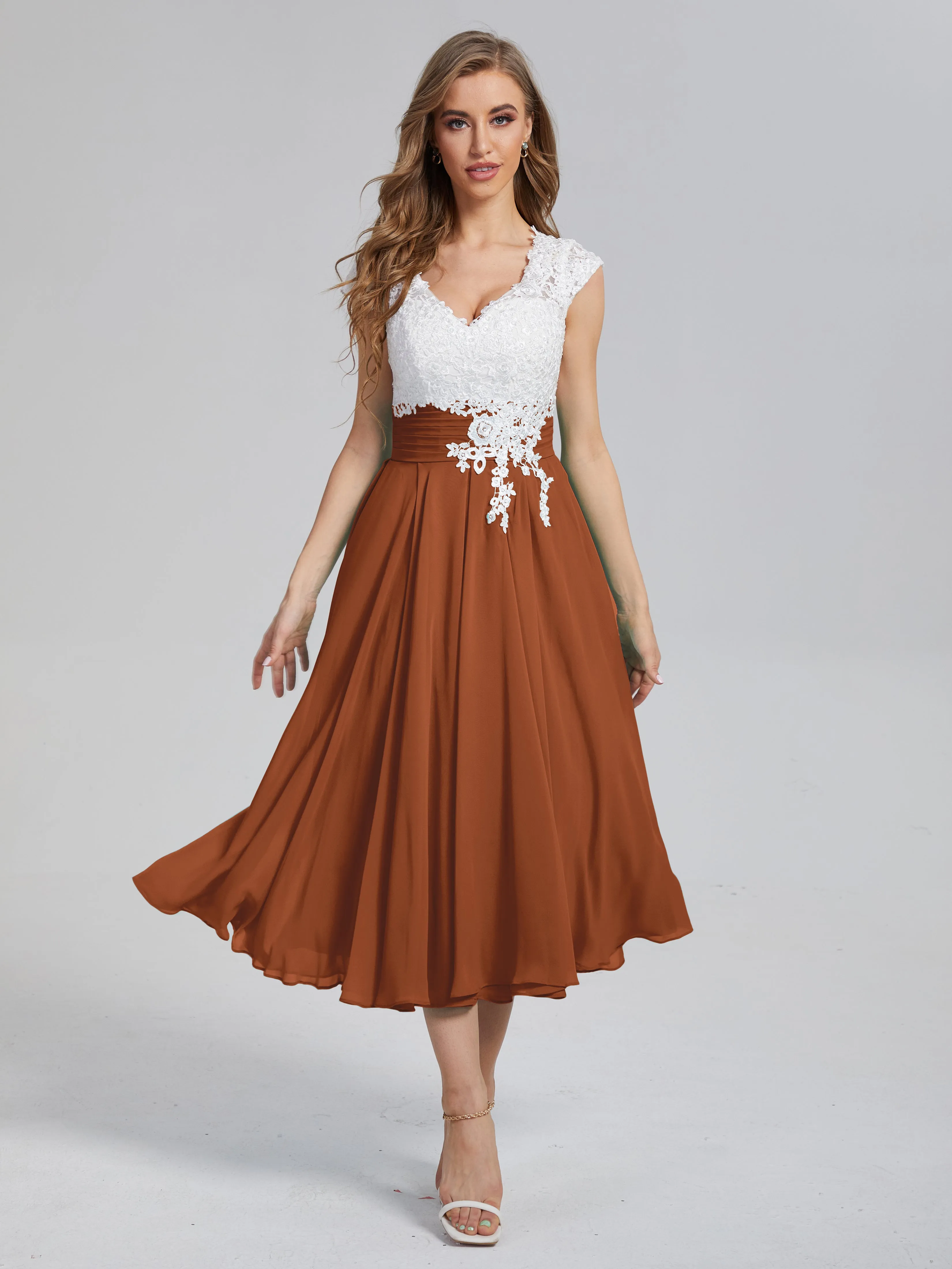 Graceful Lace Tea Length Chiffon Mother of the Bride Dresses