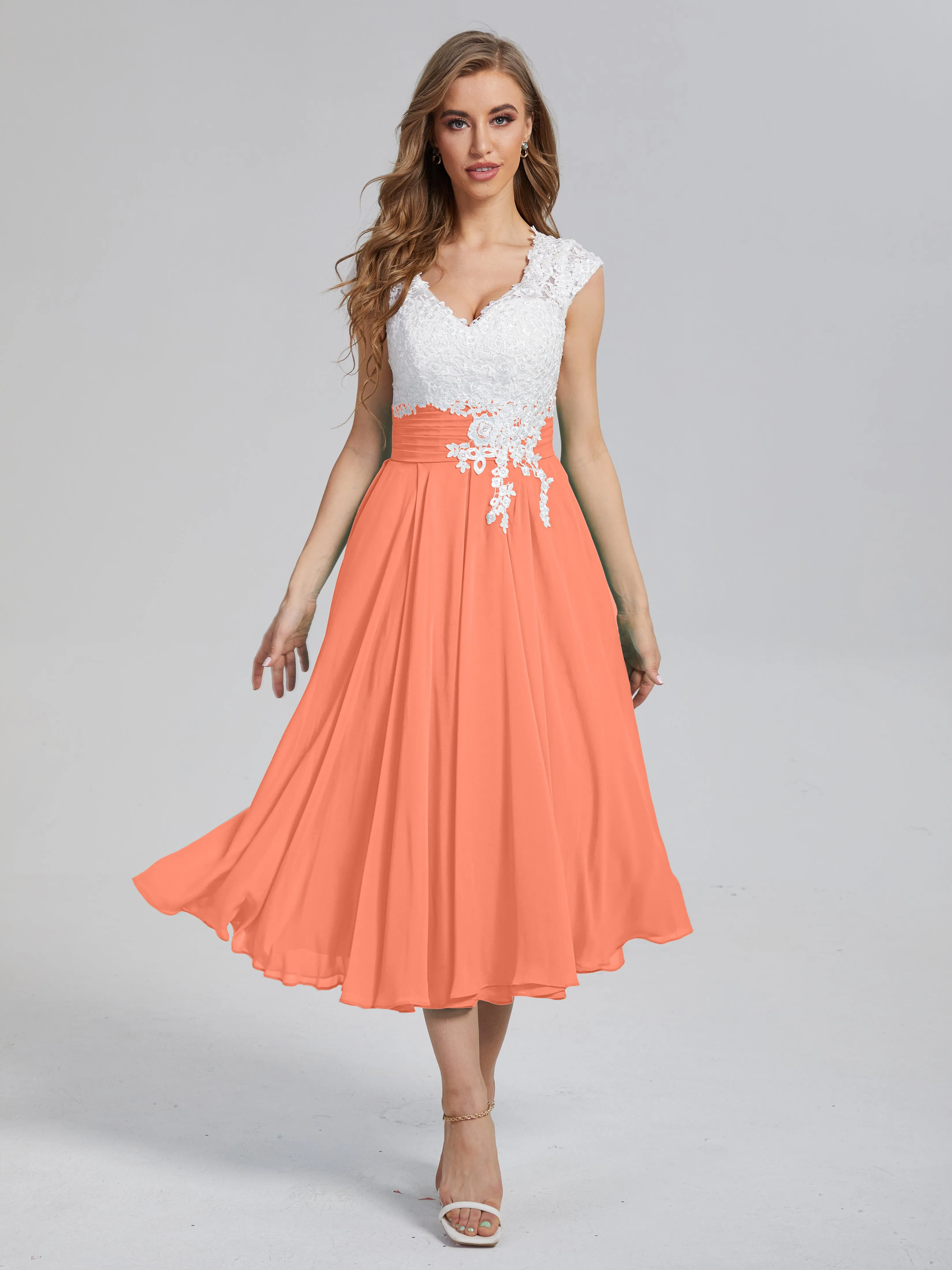 Graceful Lace Tea Length Chiffon Mother of the Bride Dresses