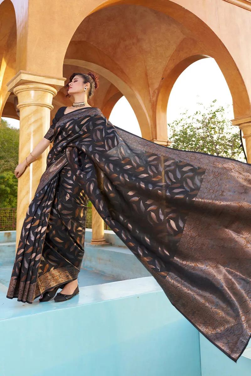 Gratifying Black Soft Banarasi Silk Saree With Felicitous Blouse Piece