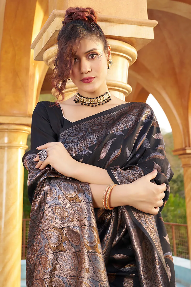 Gratifying Black Soft Banarasi Silk Saree With Felicitous Blouse Piece