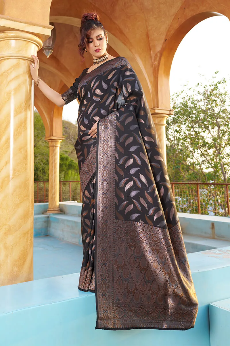 Gratifying Black Soft Banarasi Silk Saree With Felicitous Blouse Piece