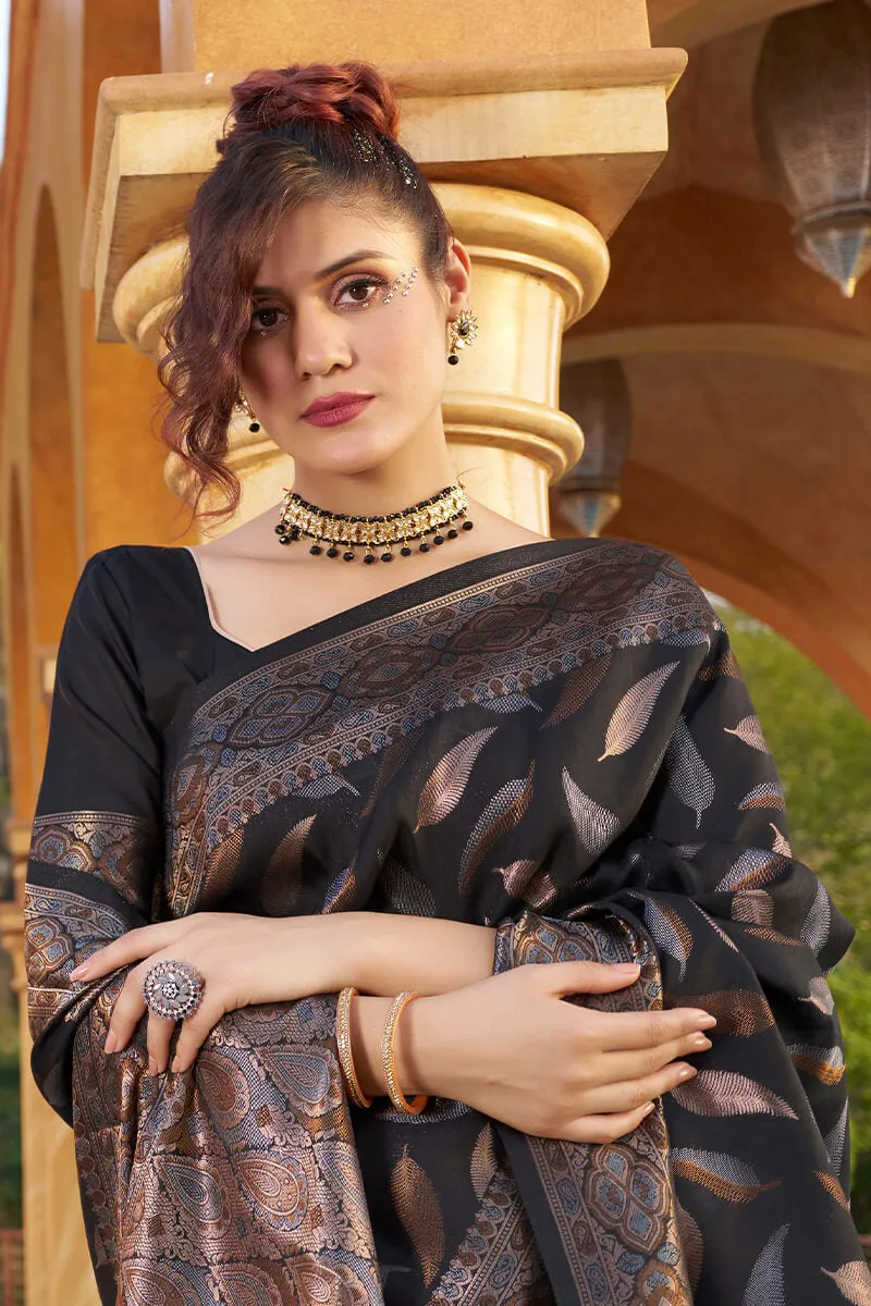 Gratifying Black Soft Banarasi Silk Saree With Felicitous Blouse Piece