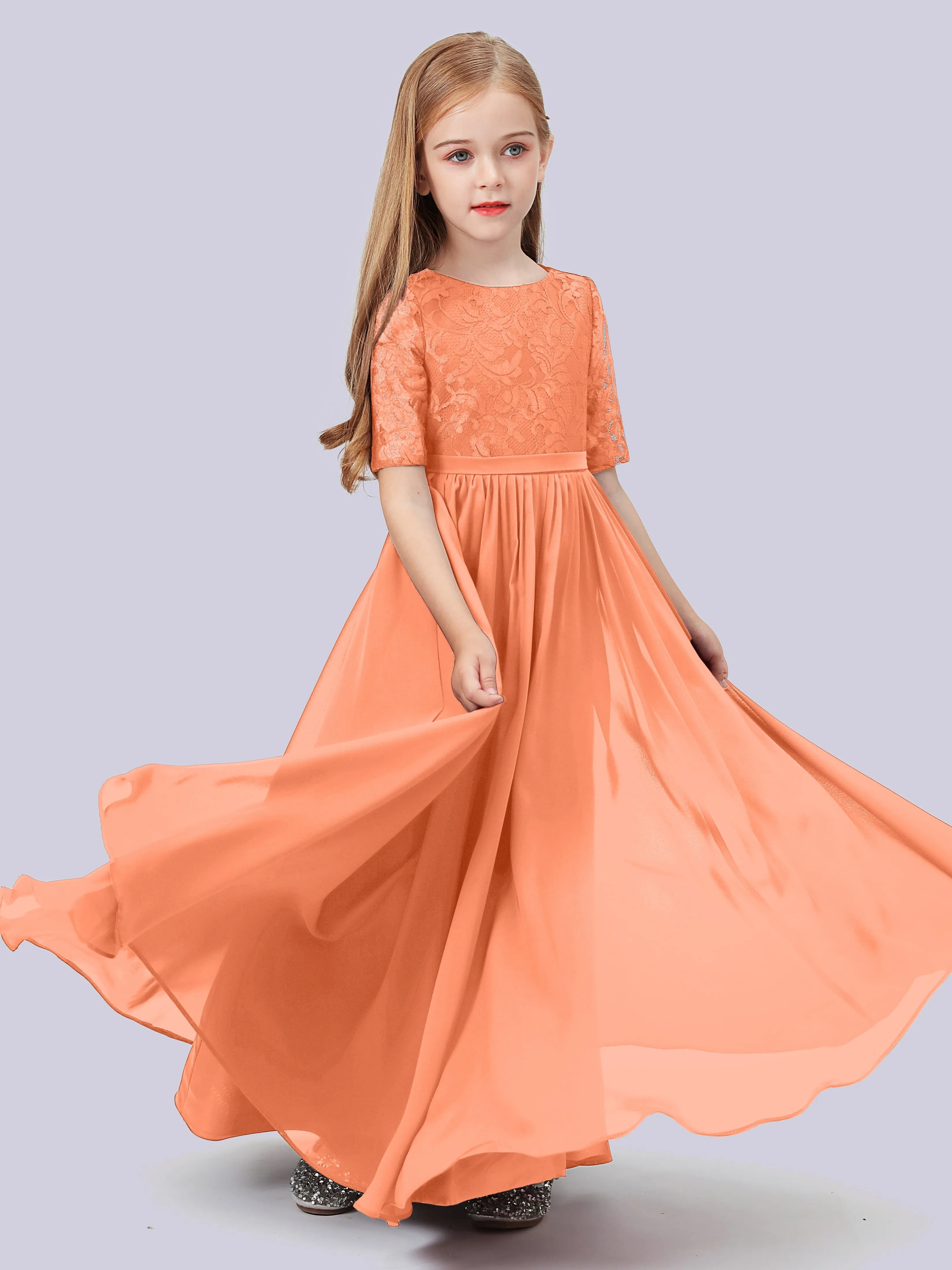 Half Sleeves Lace Junior Bridesmaid Dress