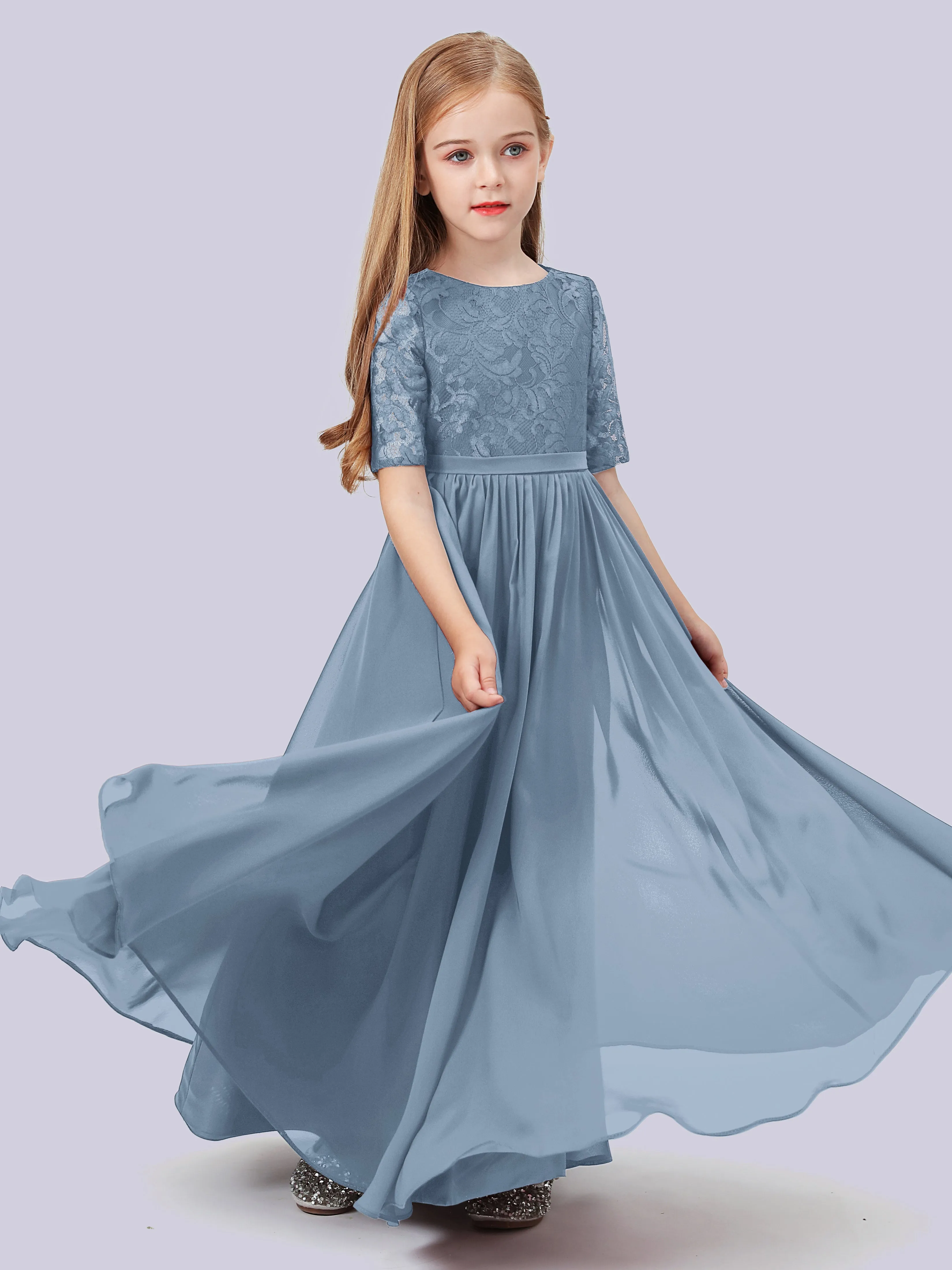 Half Sleeves Lace Junior Bridesmaid Dress