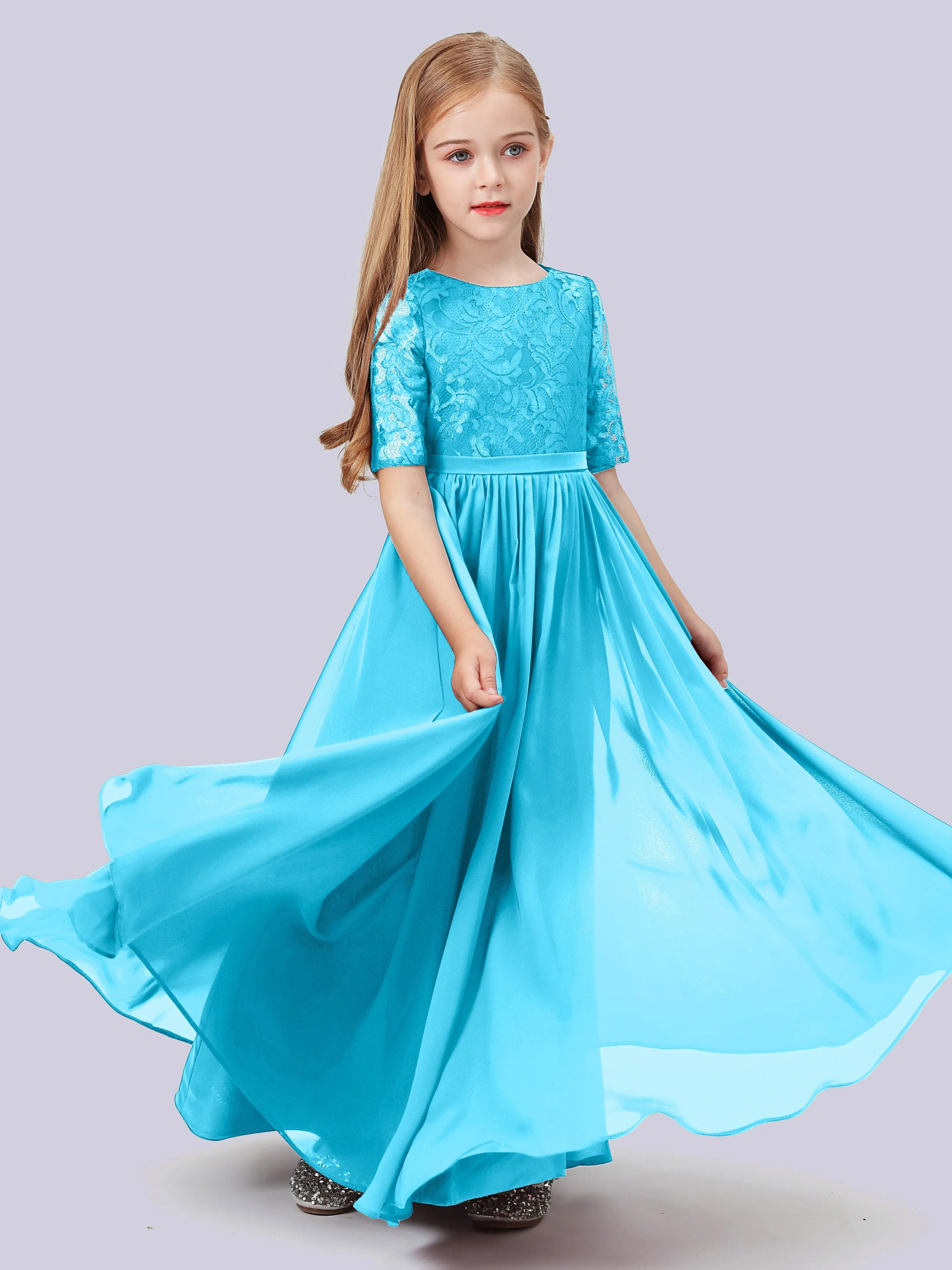 Half Sleeves Lace Junior Bridesmaid Dress