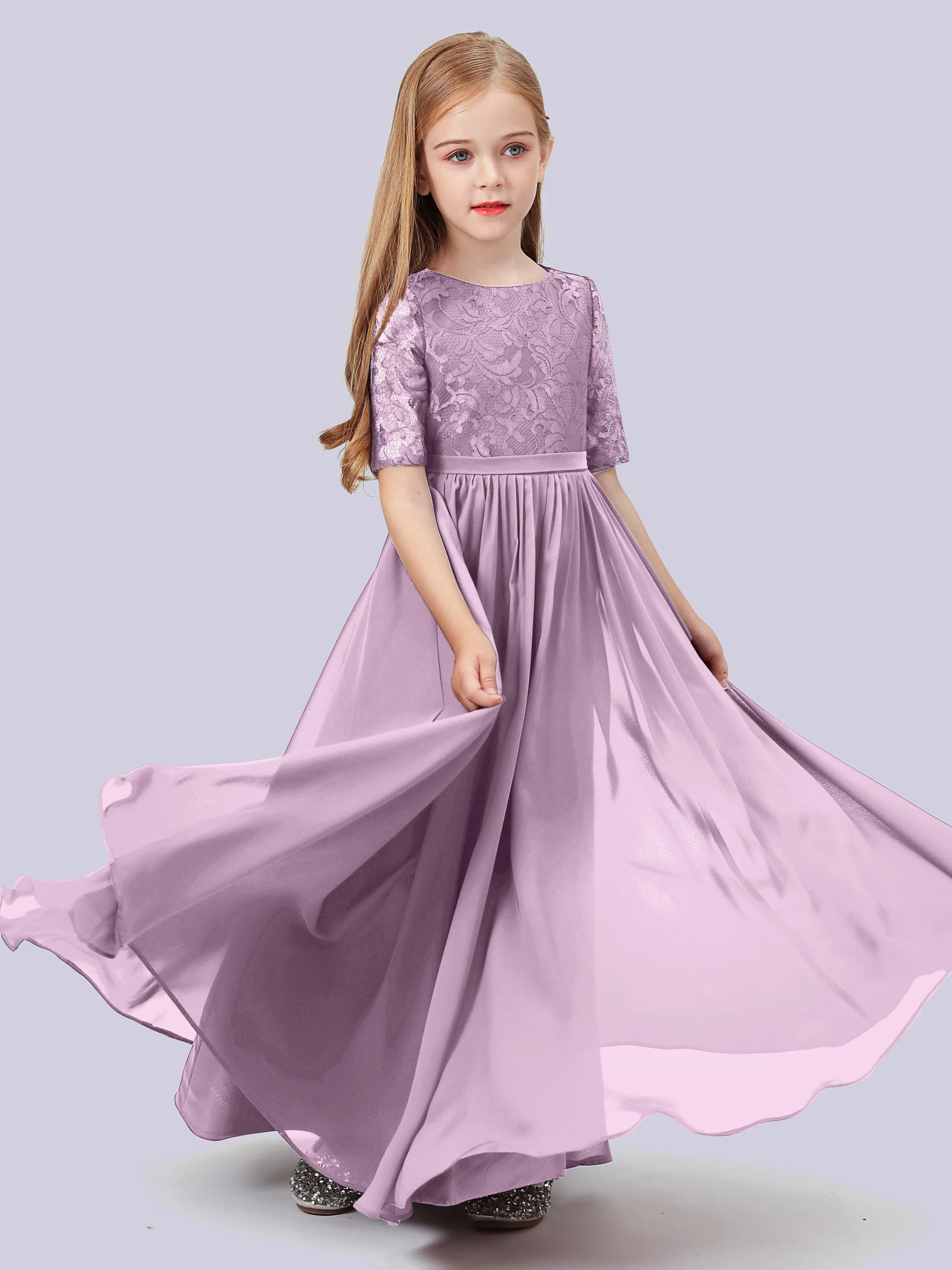 Half Sleeves Lace Junior Bridesmaid Dress