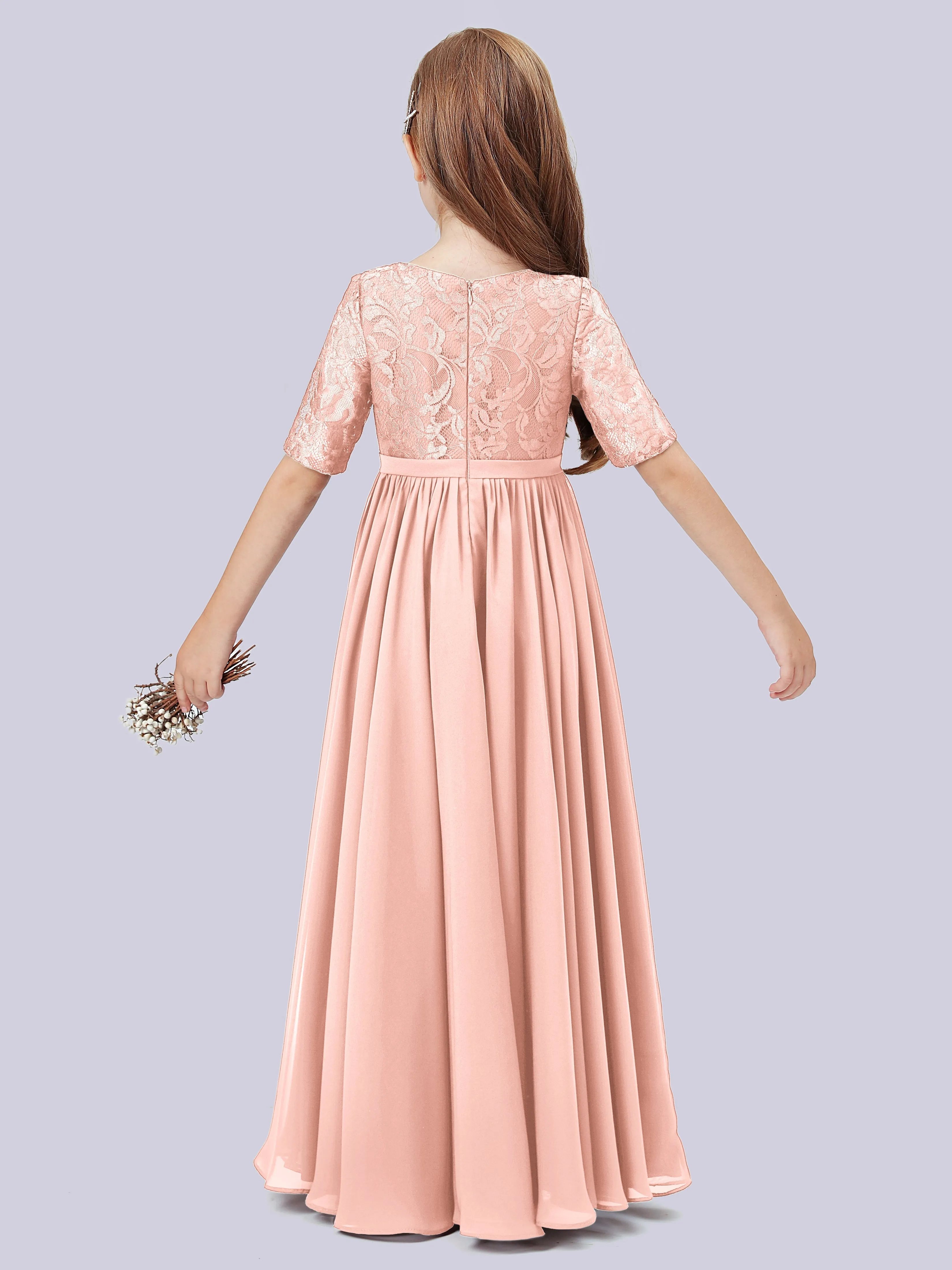 Half Sleeves Lace Junior Bridesmaid Dress