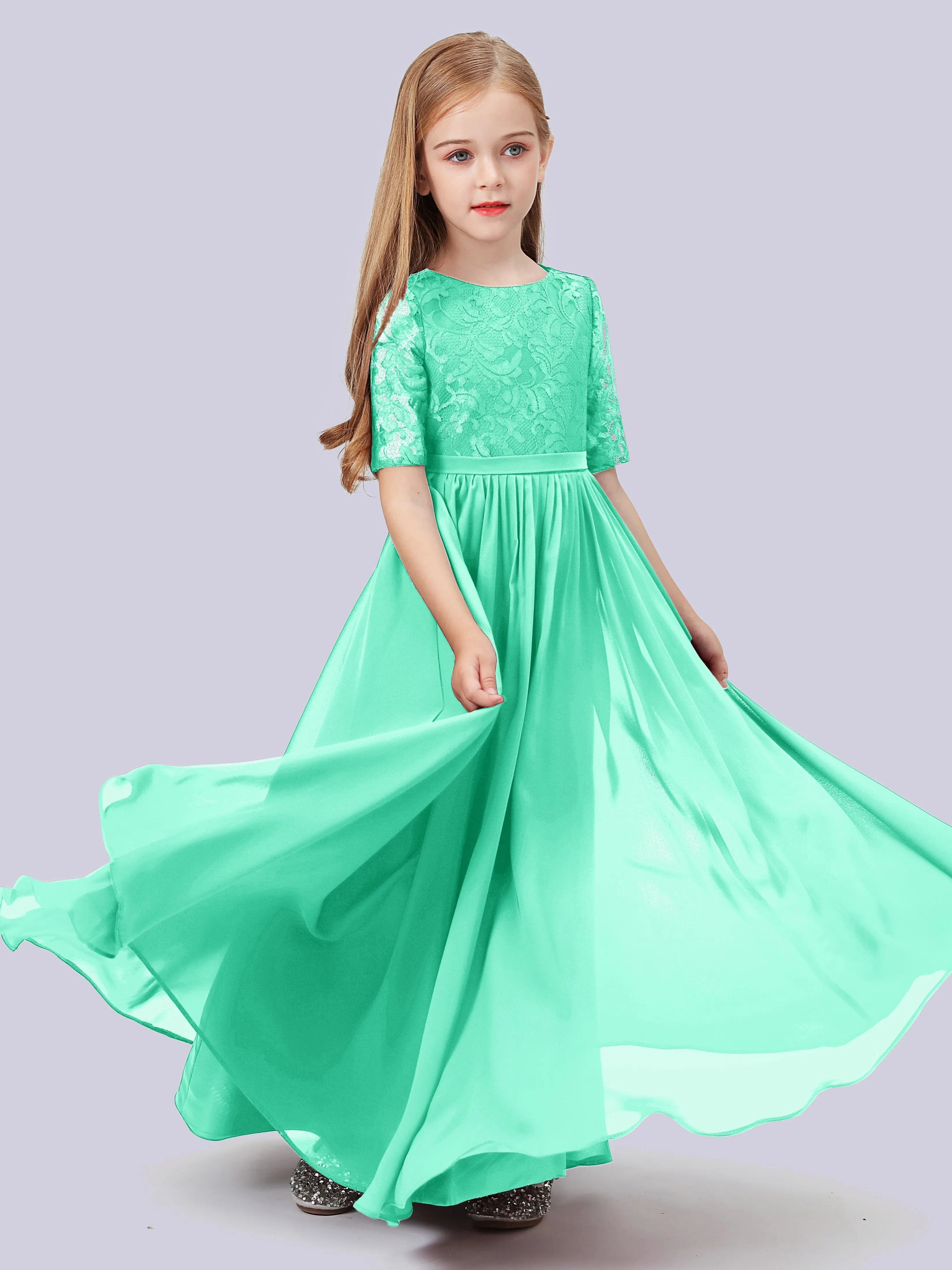 Half Sleeves Lace Junior Bridesmaid Dress