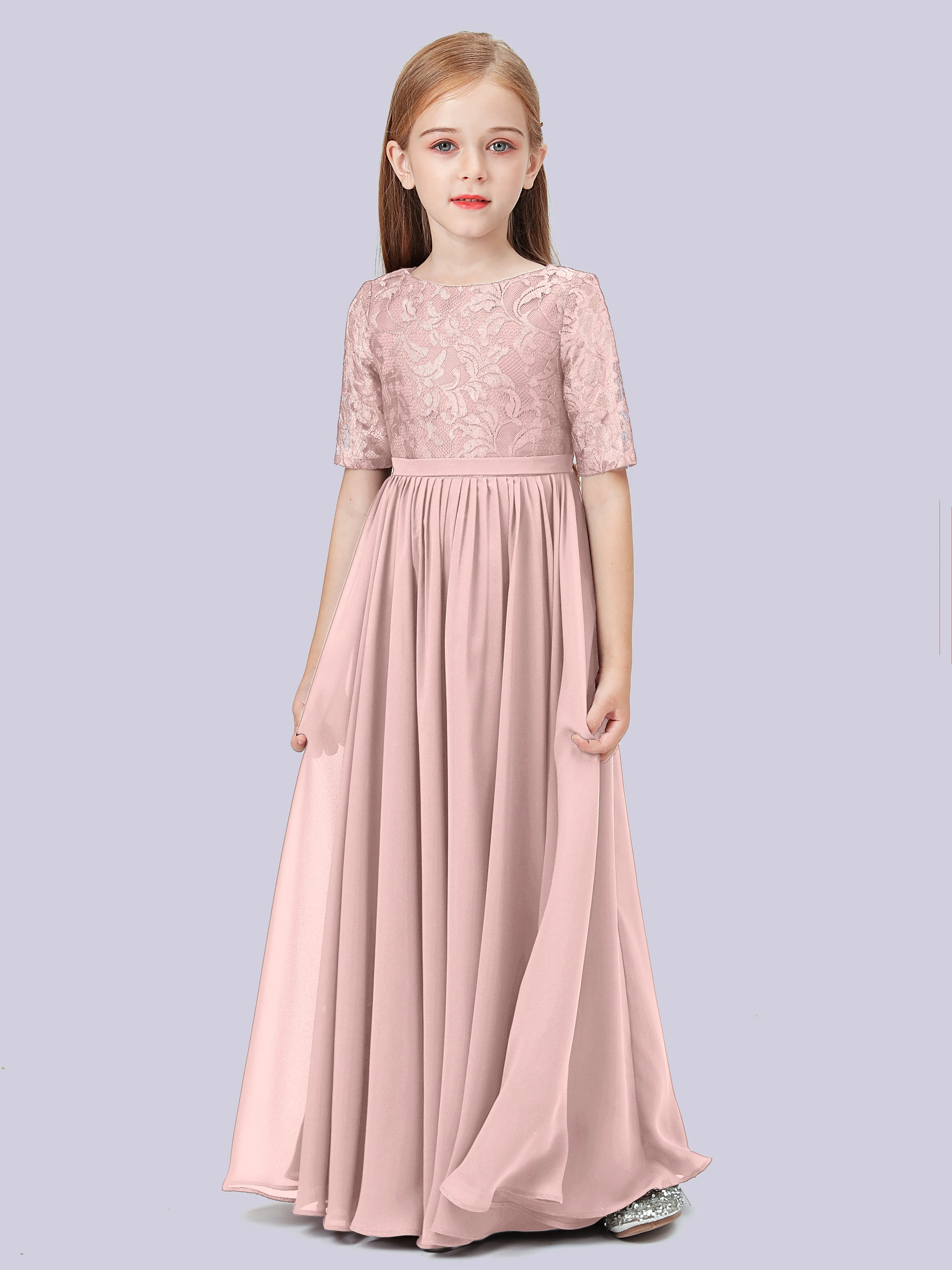 Half Sleeves Lace Junior Bridesmaid Dress