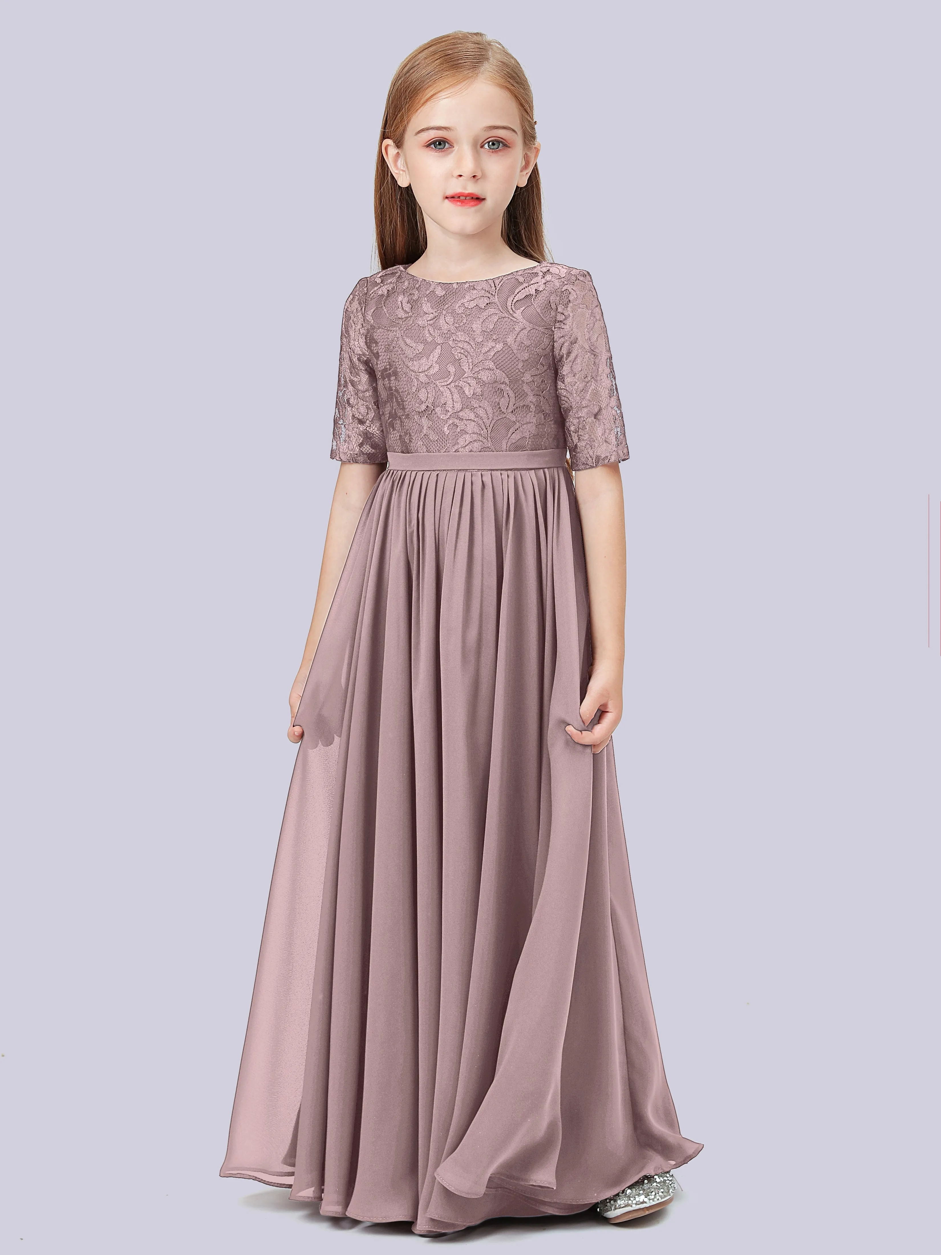 Half Sleeves Lace Junior Bridesmaid Dress