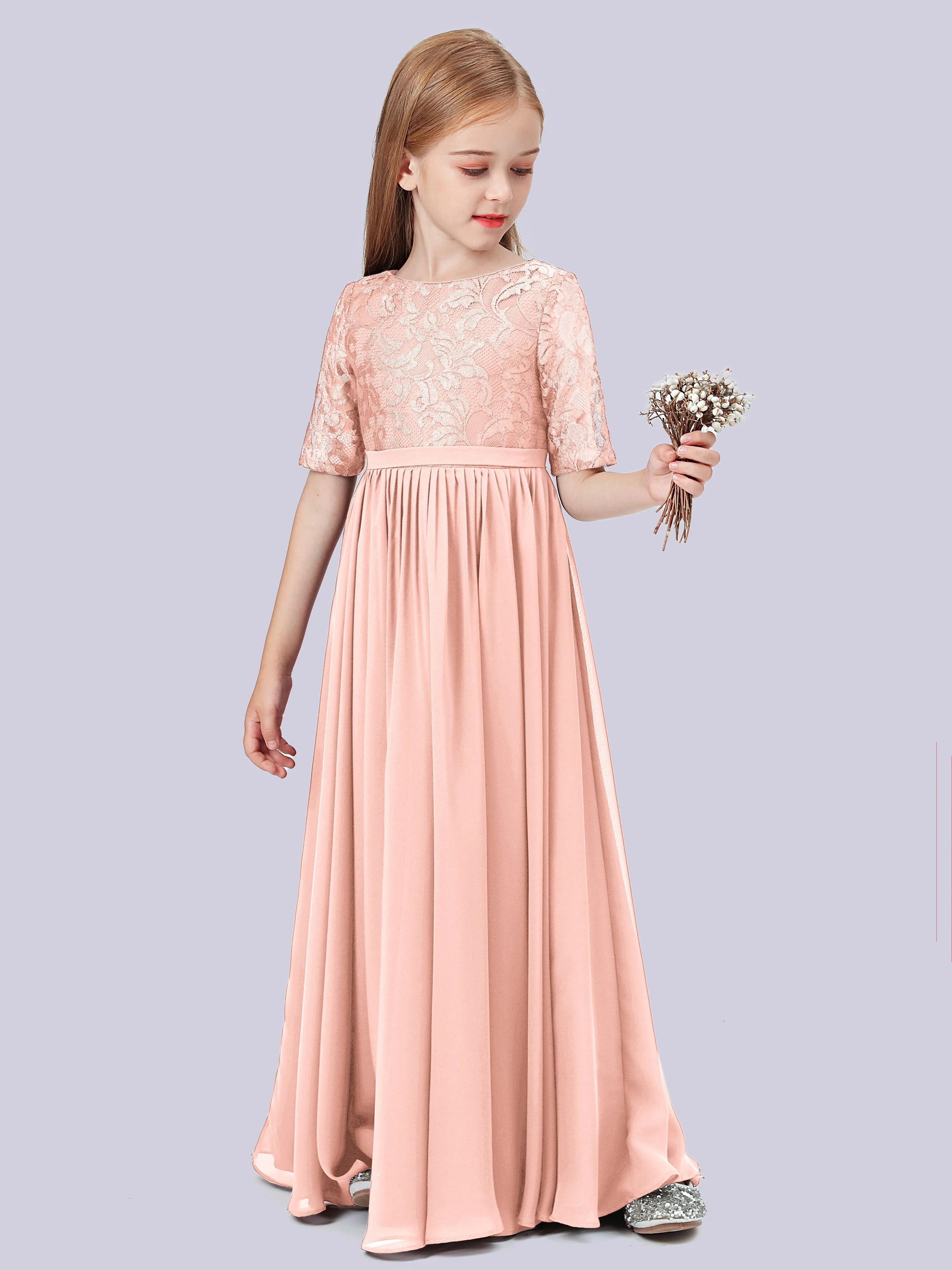 Half Sleeves Lace Junior Bridesmaid Dress