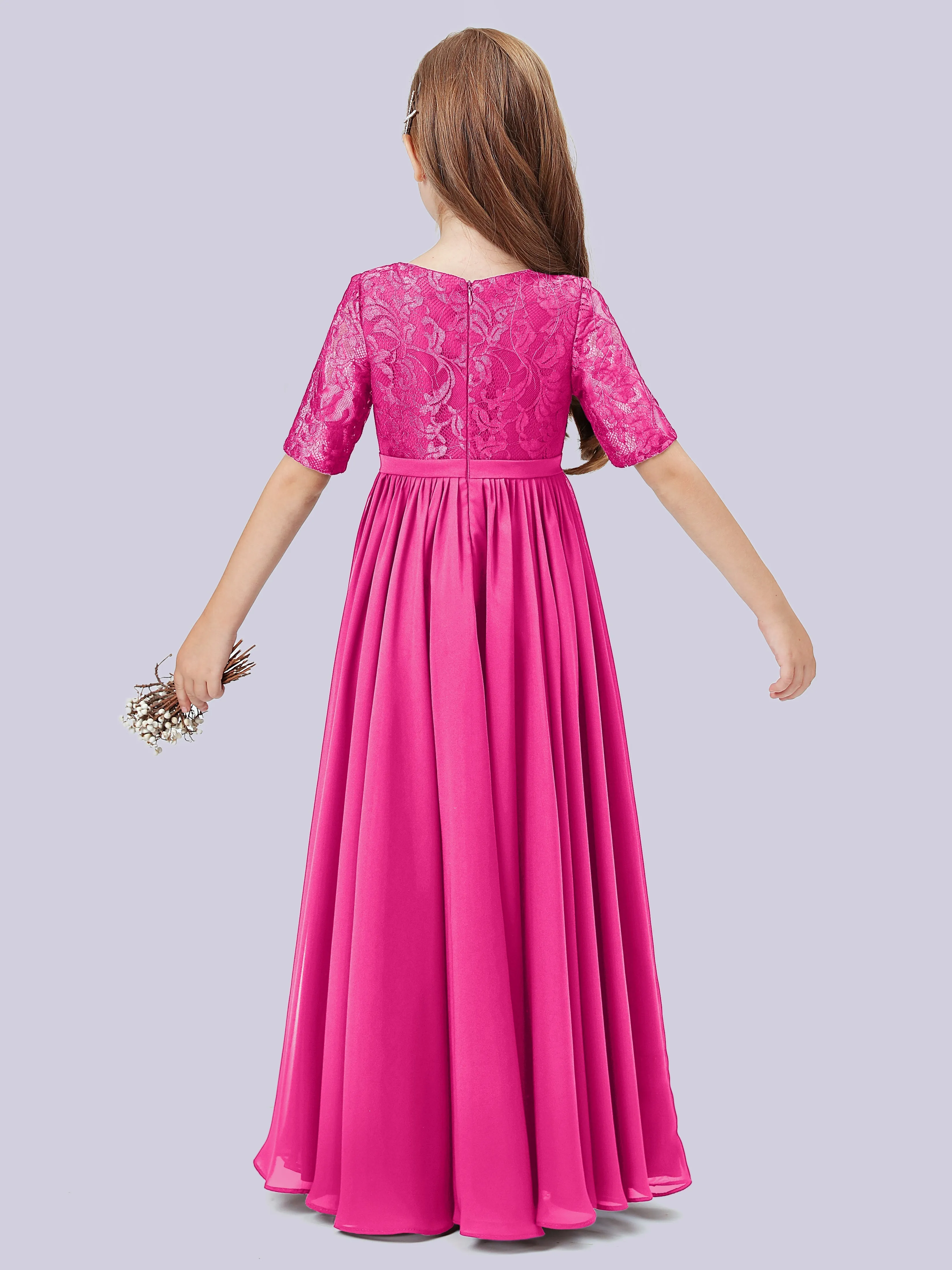 Half Sleeves Lace Junior Bridesmaid Dress