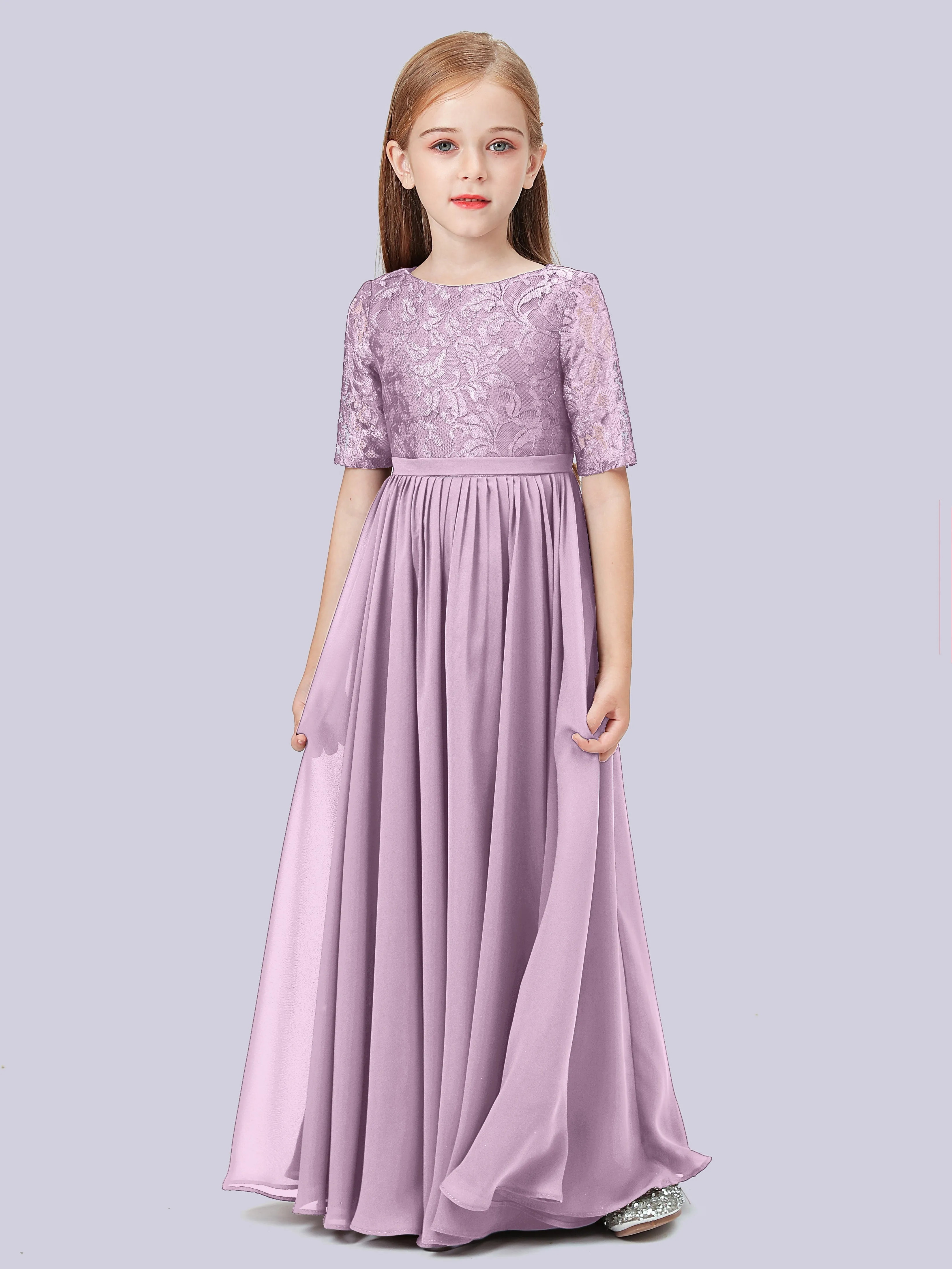 Half Sleeves Lace Junior Bridesmaid Dress