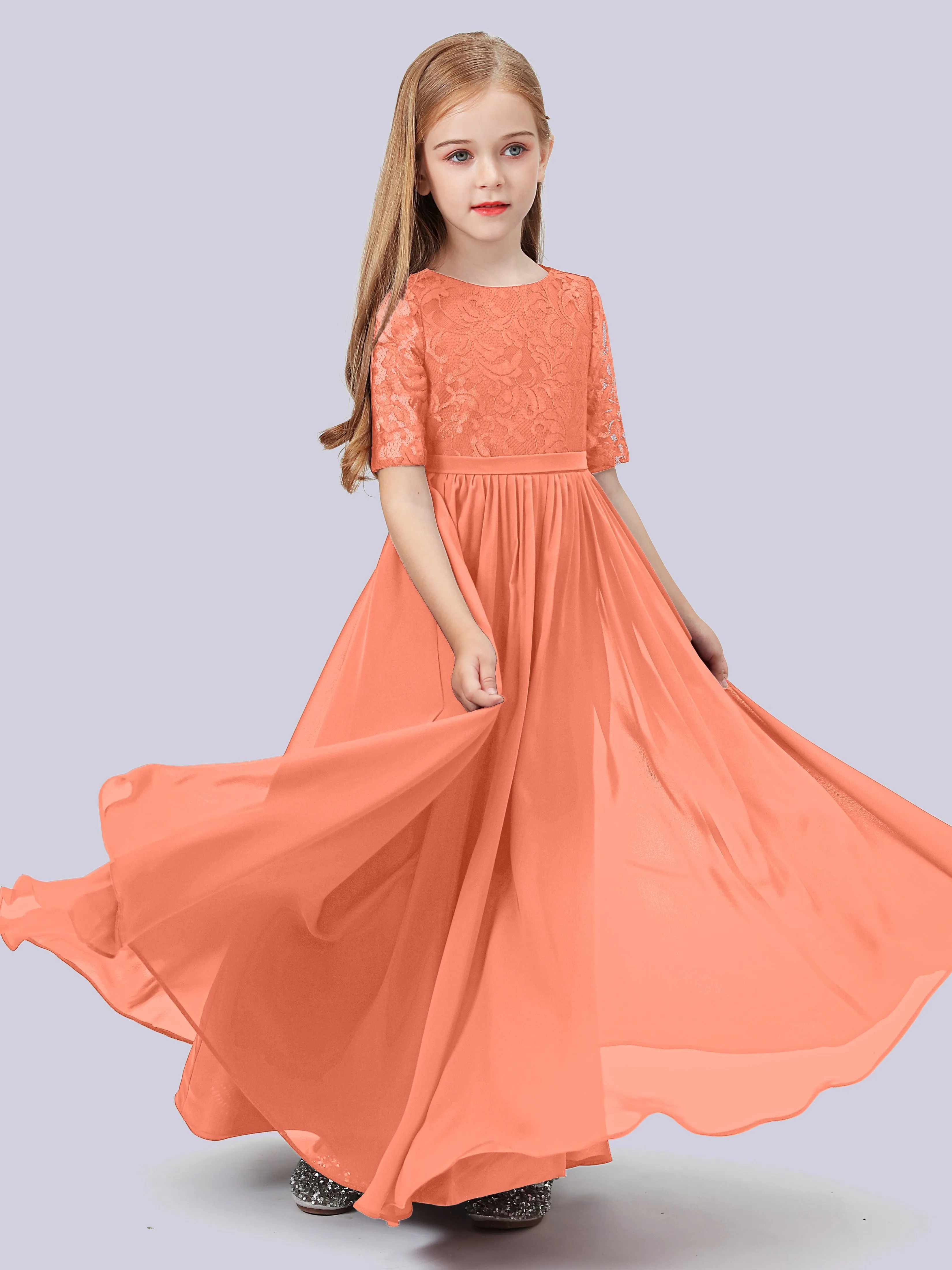 Half Sleeves Lace Junior Bridesmaid Dress