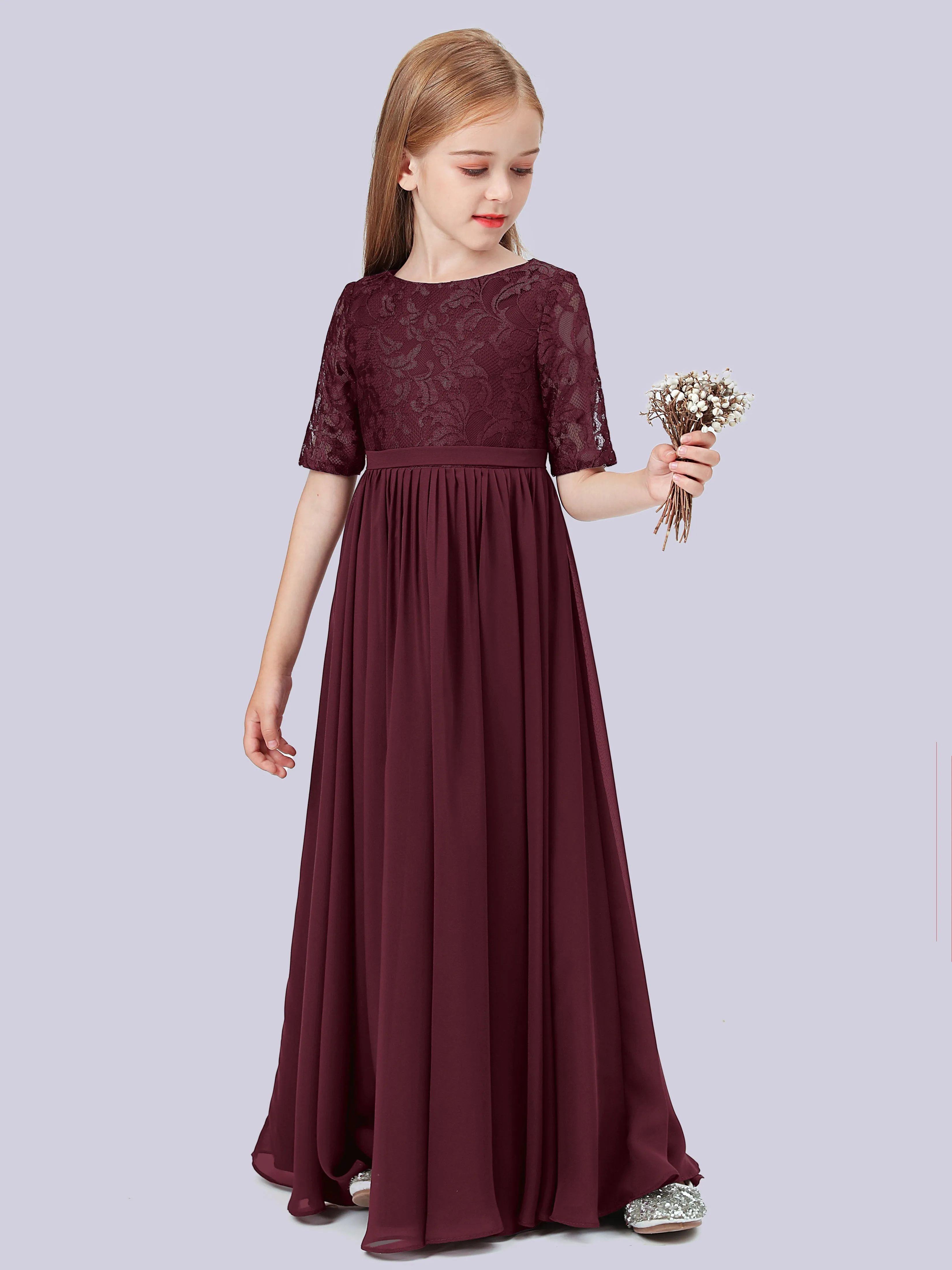 Half Sleeves Lace Junior Bridesmaid Dress