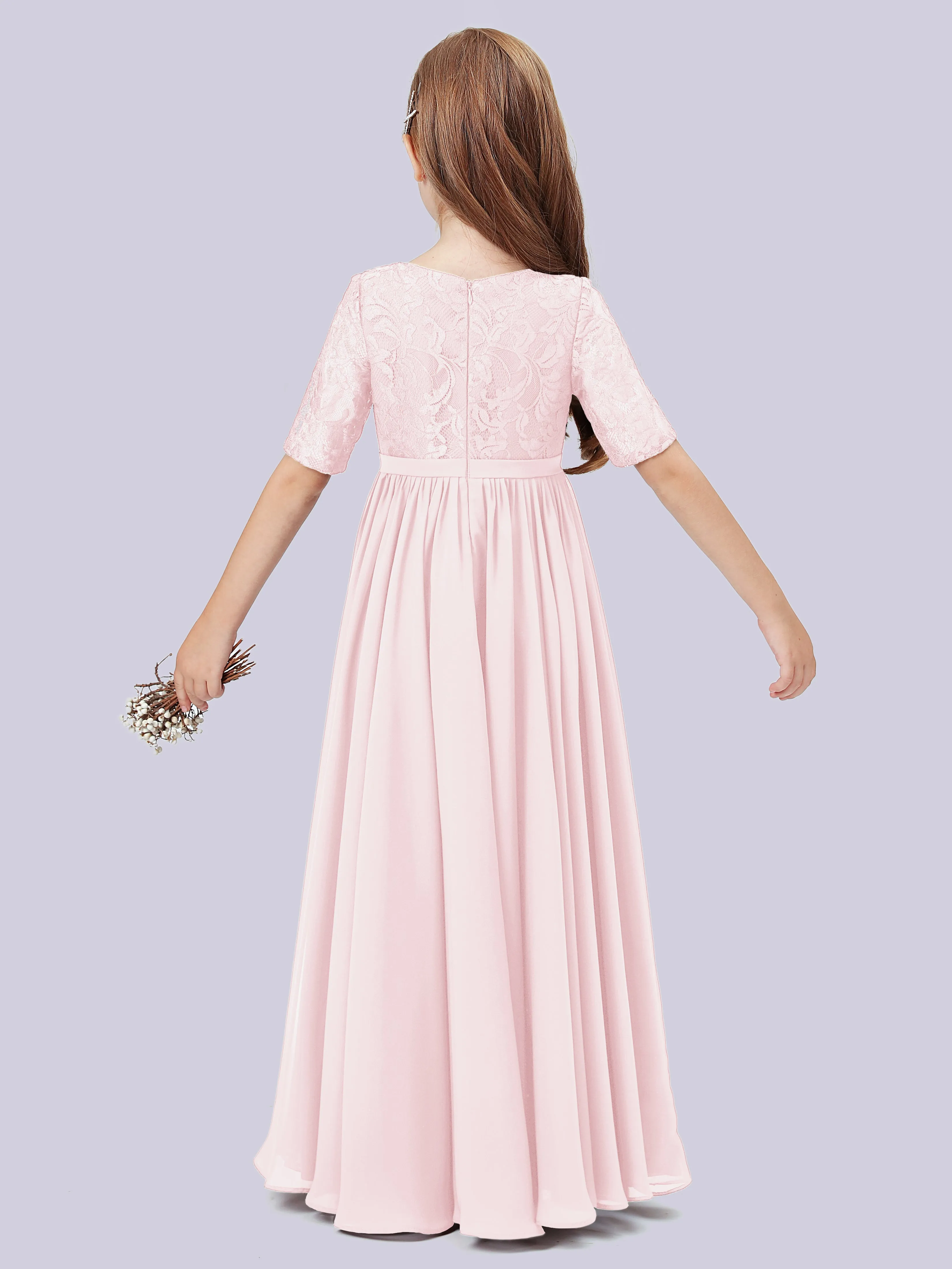 Half Sleeves Lace Junior Bridesmaid Dress