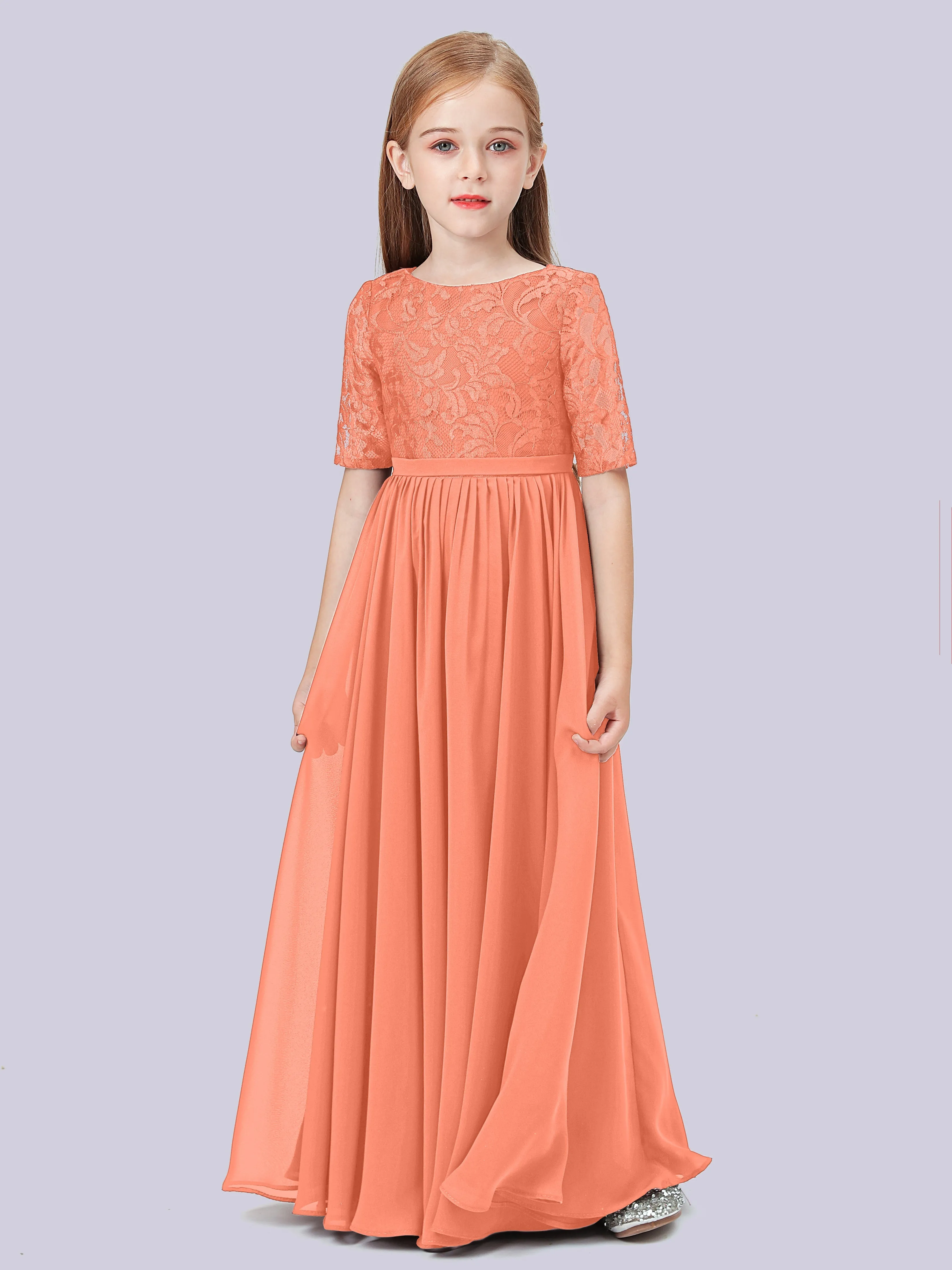 Half Sleeves Lace Junior Bridesmaid Dress