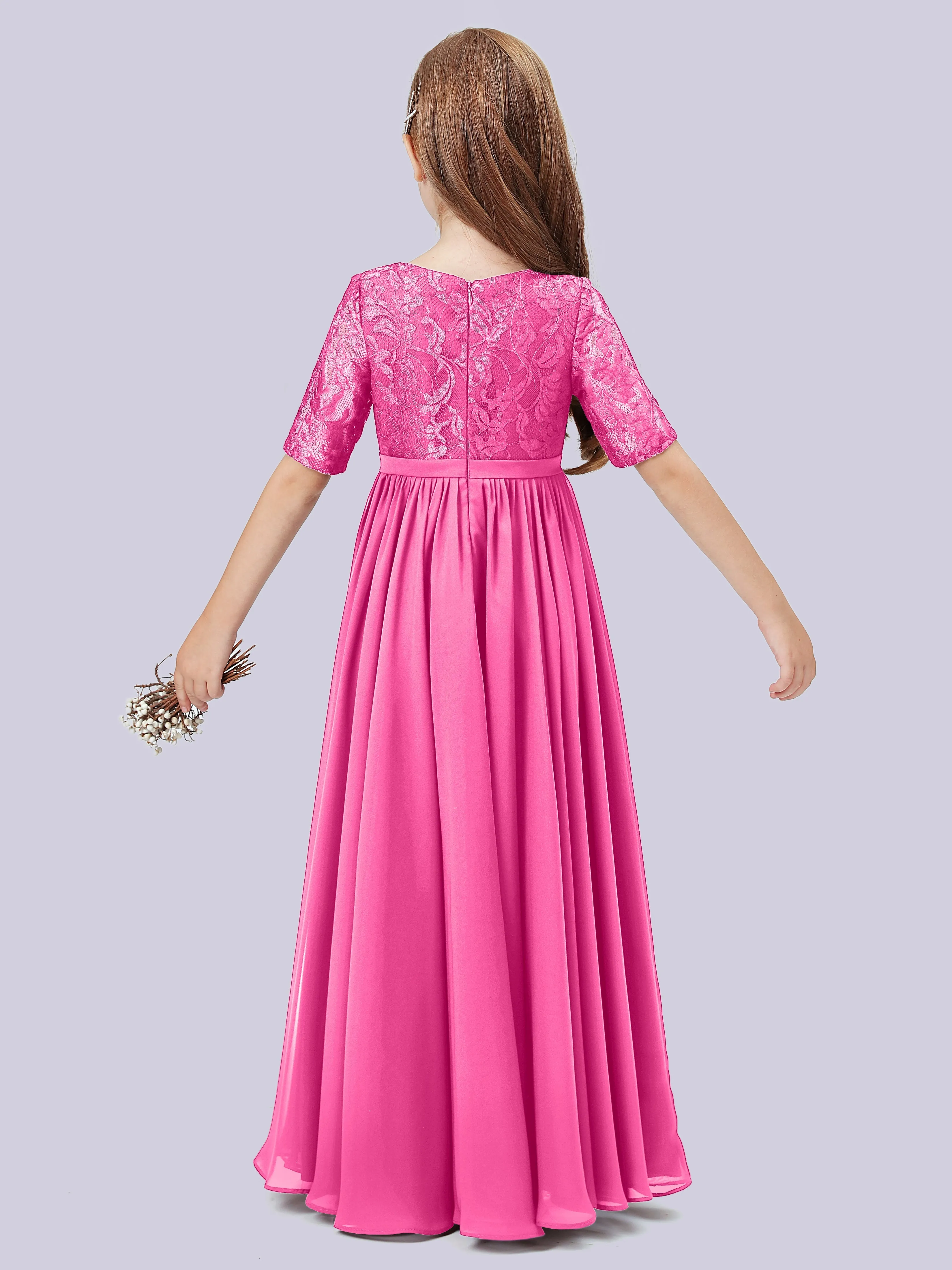 Half Sleeves Lace Junior Bridesmaid Dress