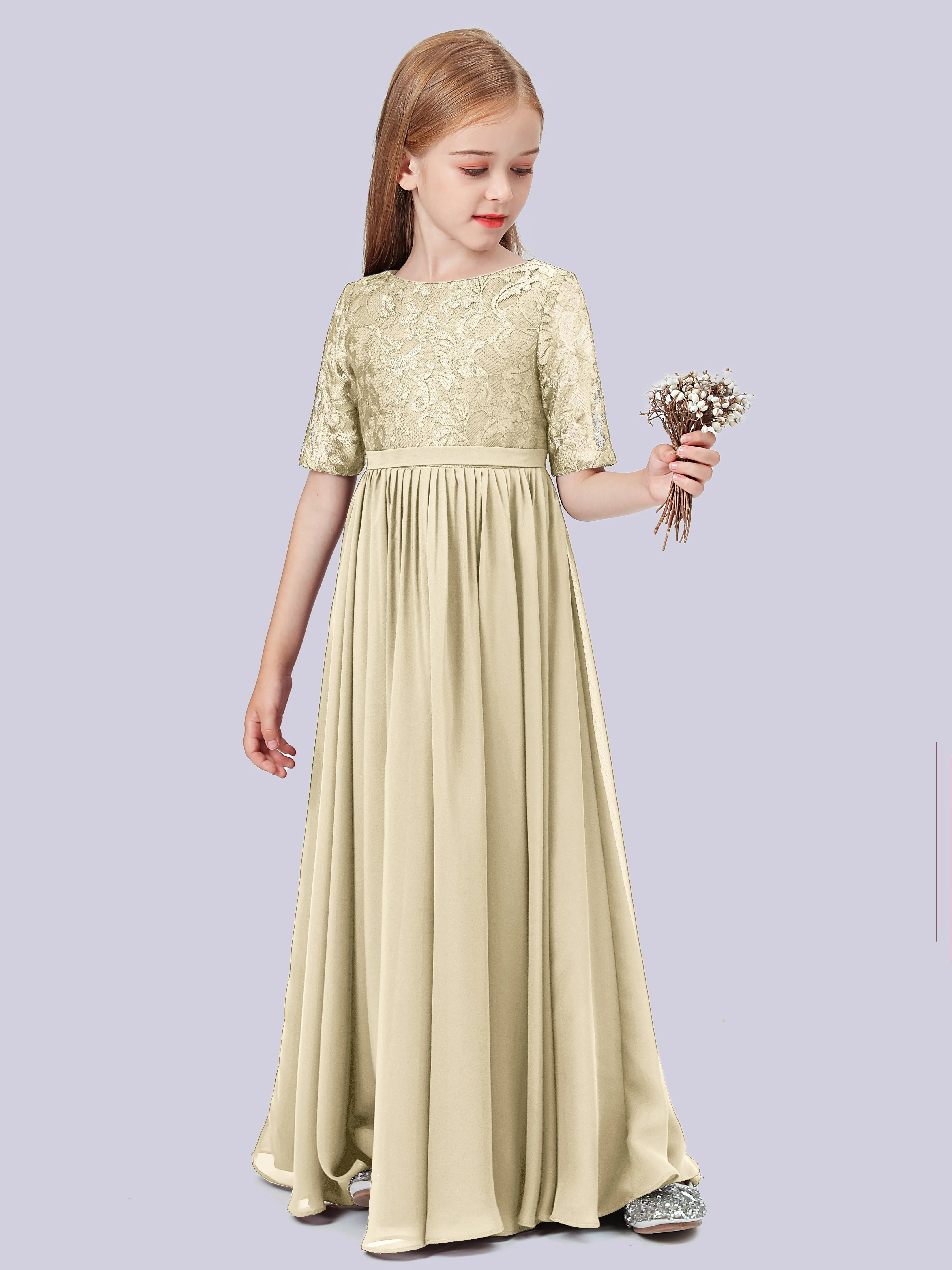 Half Sleeves Lace Junior Bridesmaid Dress