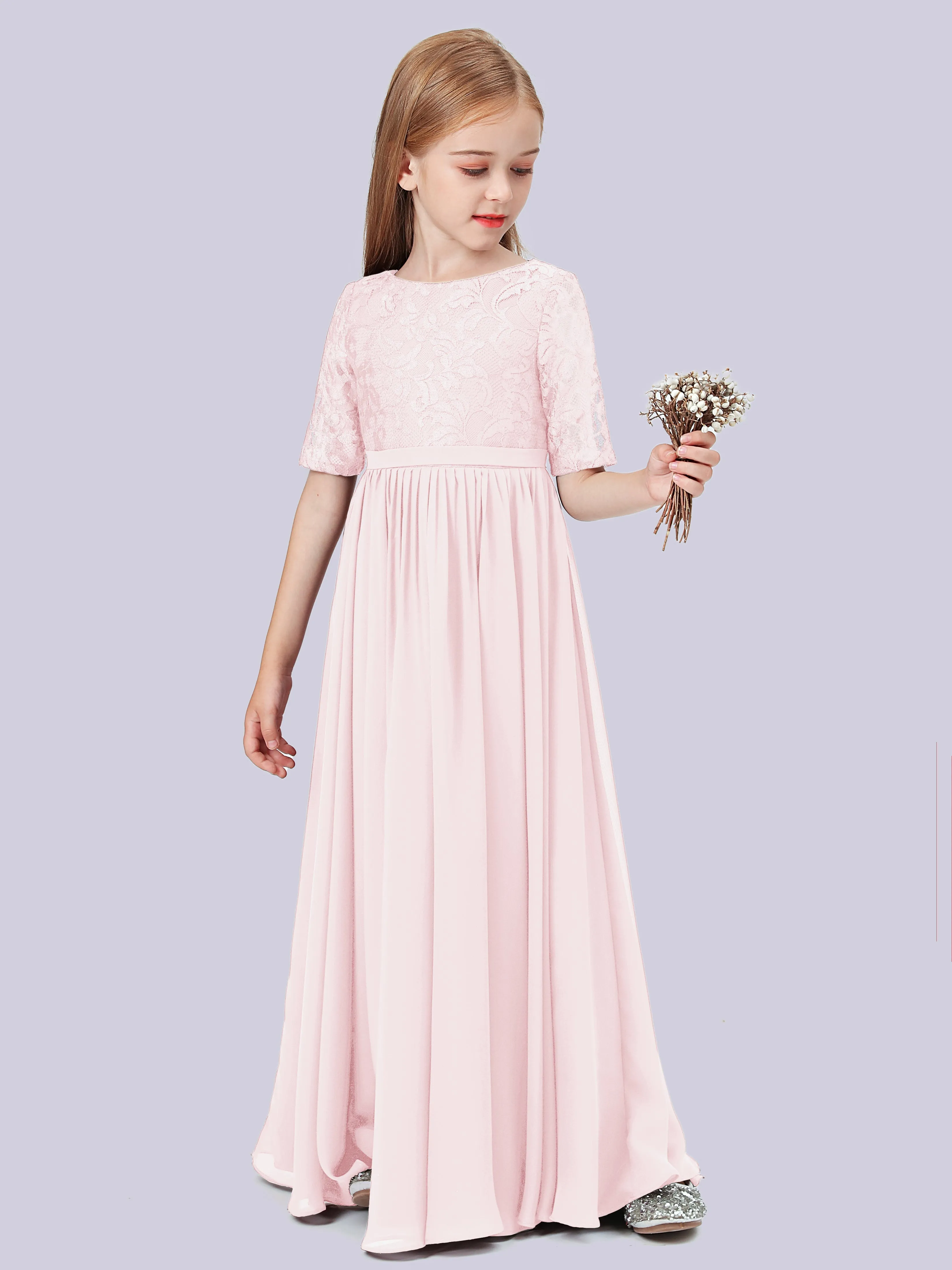 Half Sleeves Lace Junior Bridesmaid Dress