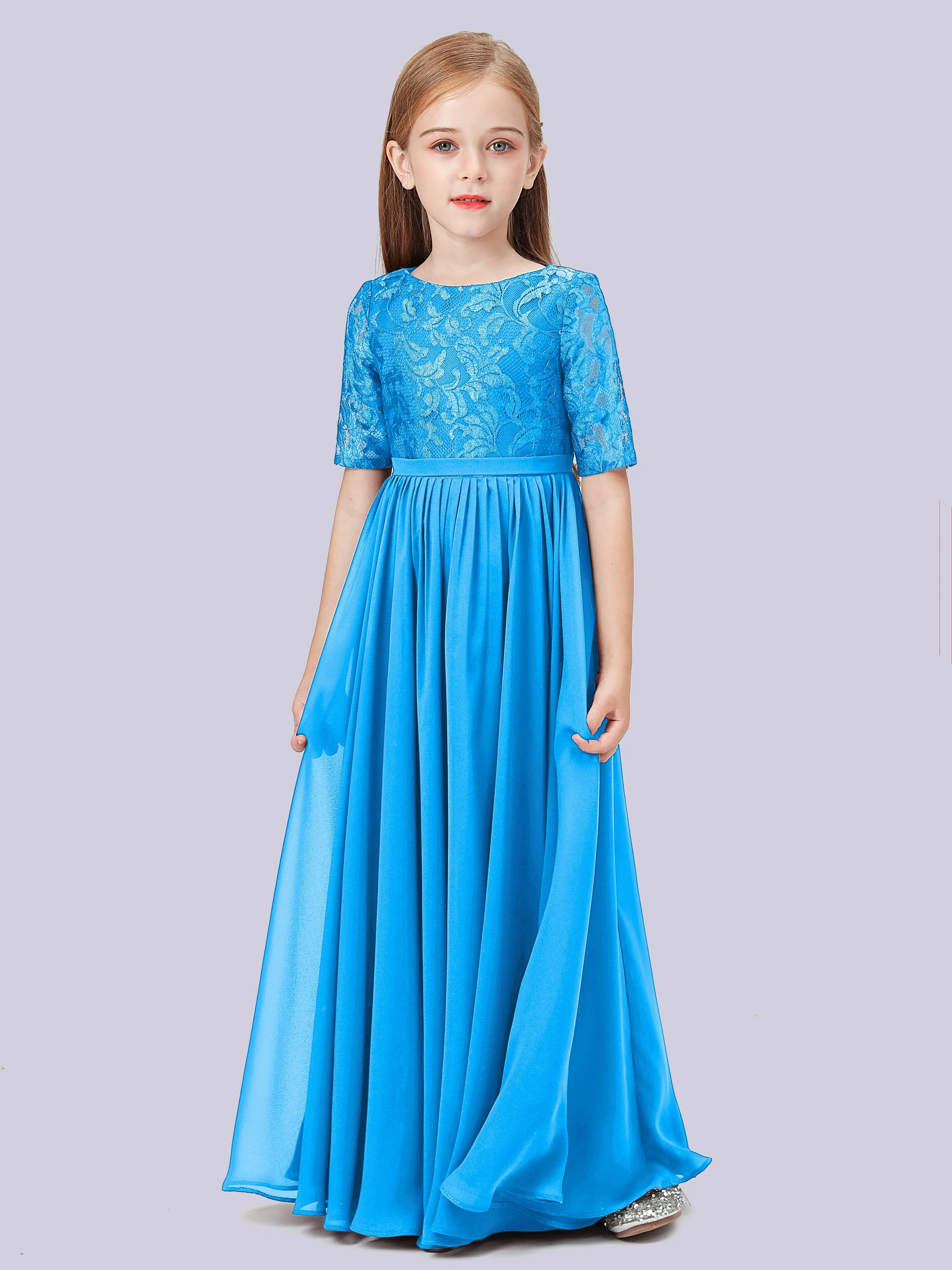 Half Sleeves Lace Junior Bridesmaid Dress