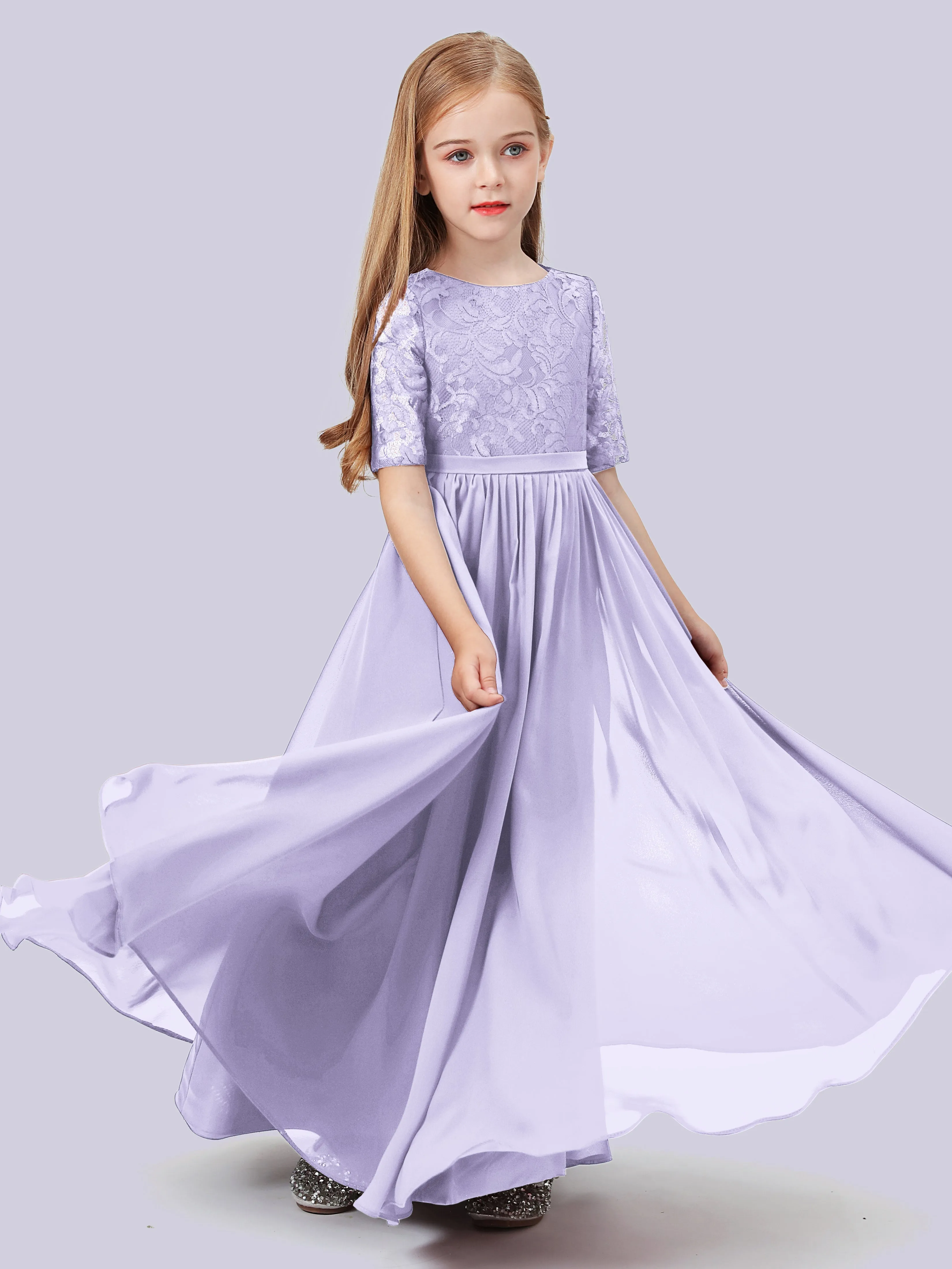 Half Sleeves Lace Junior Bridesmaid Dress