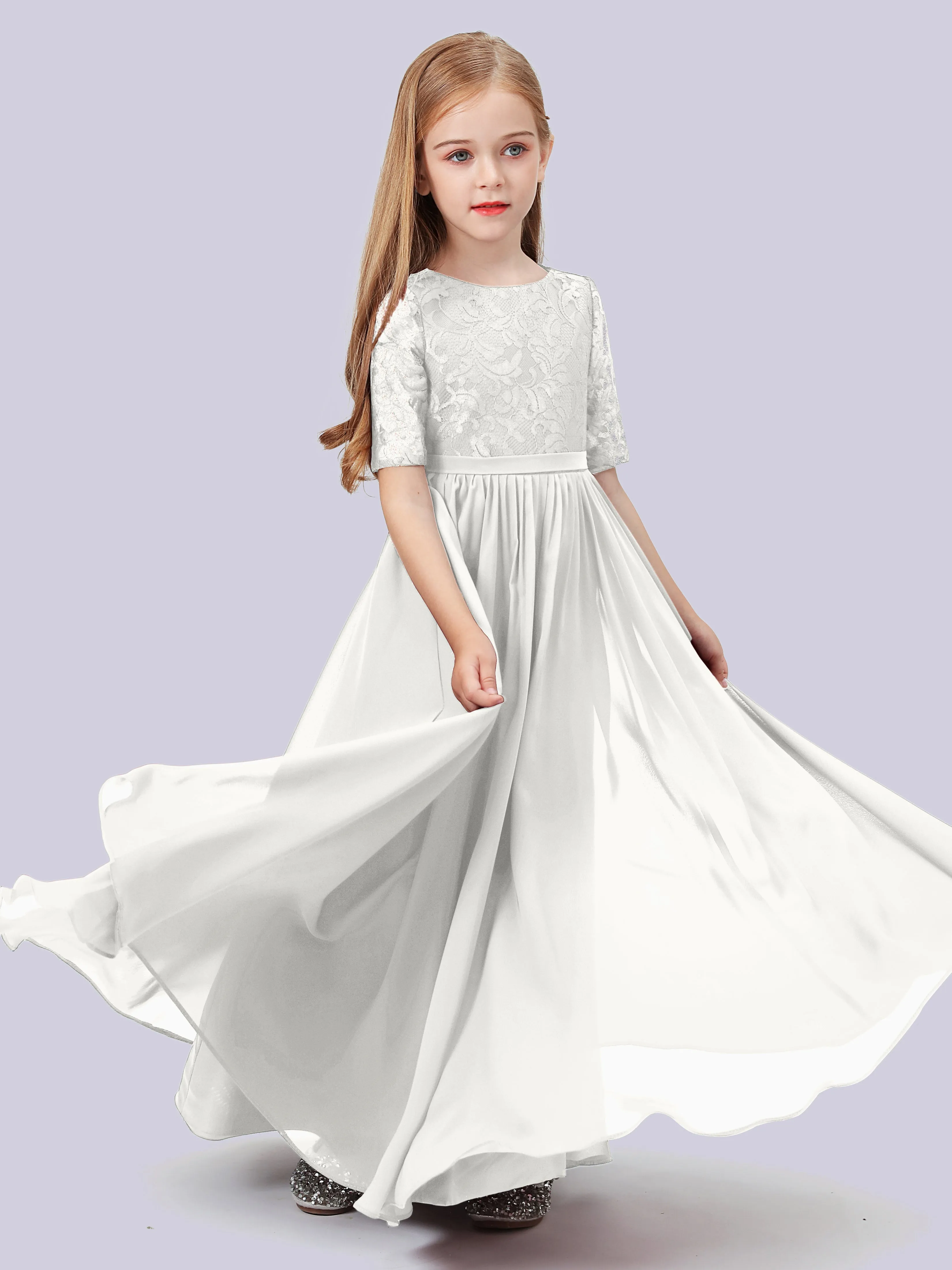 Half Sleeves Lace Junior Bridesmaid Dress