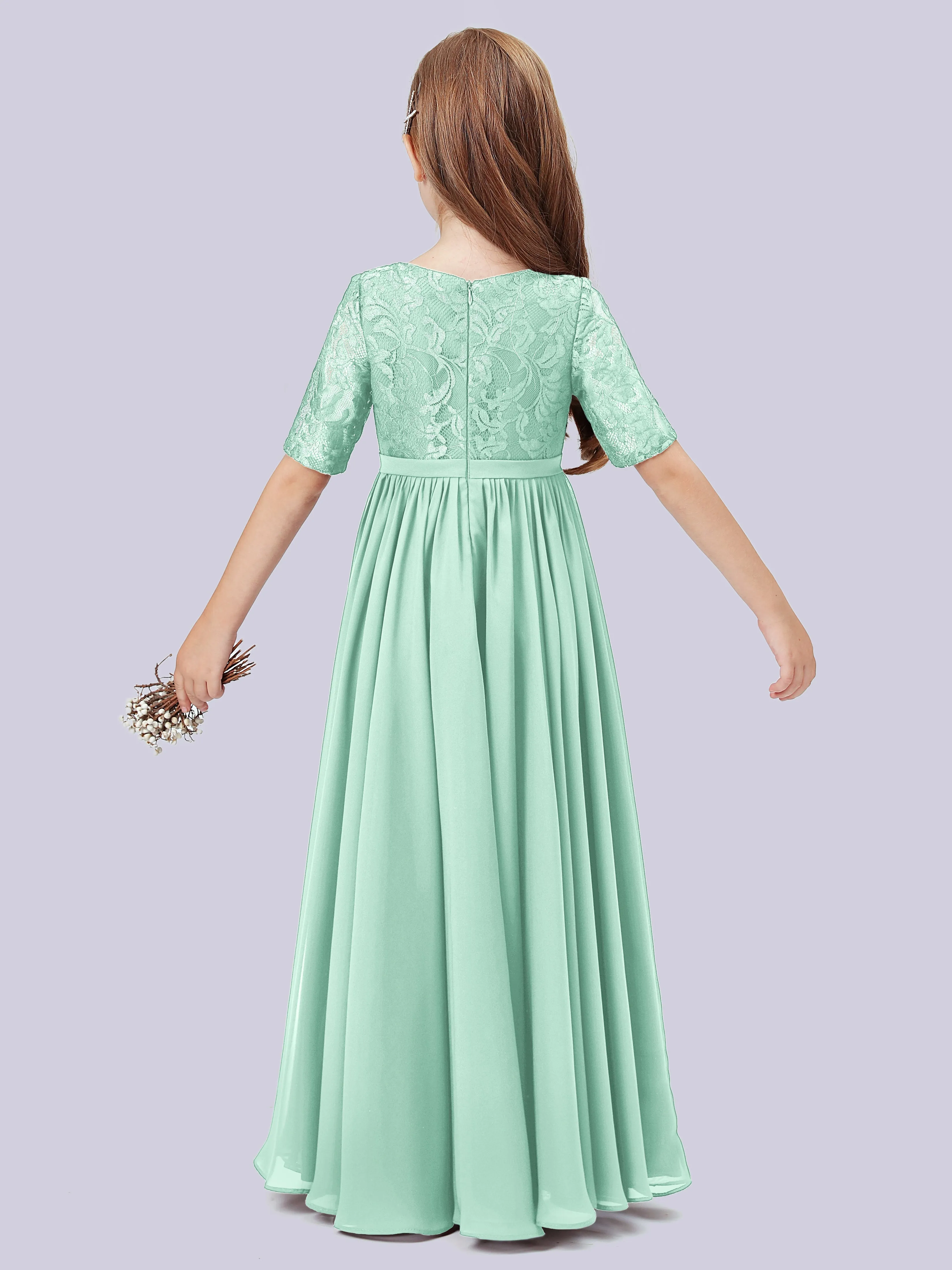 Half Sleeves Lace Junior Bridesmaid Dress