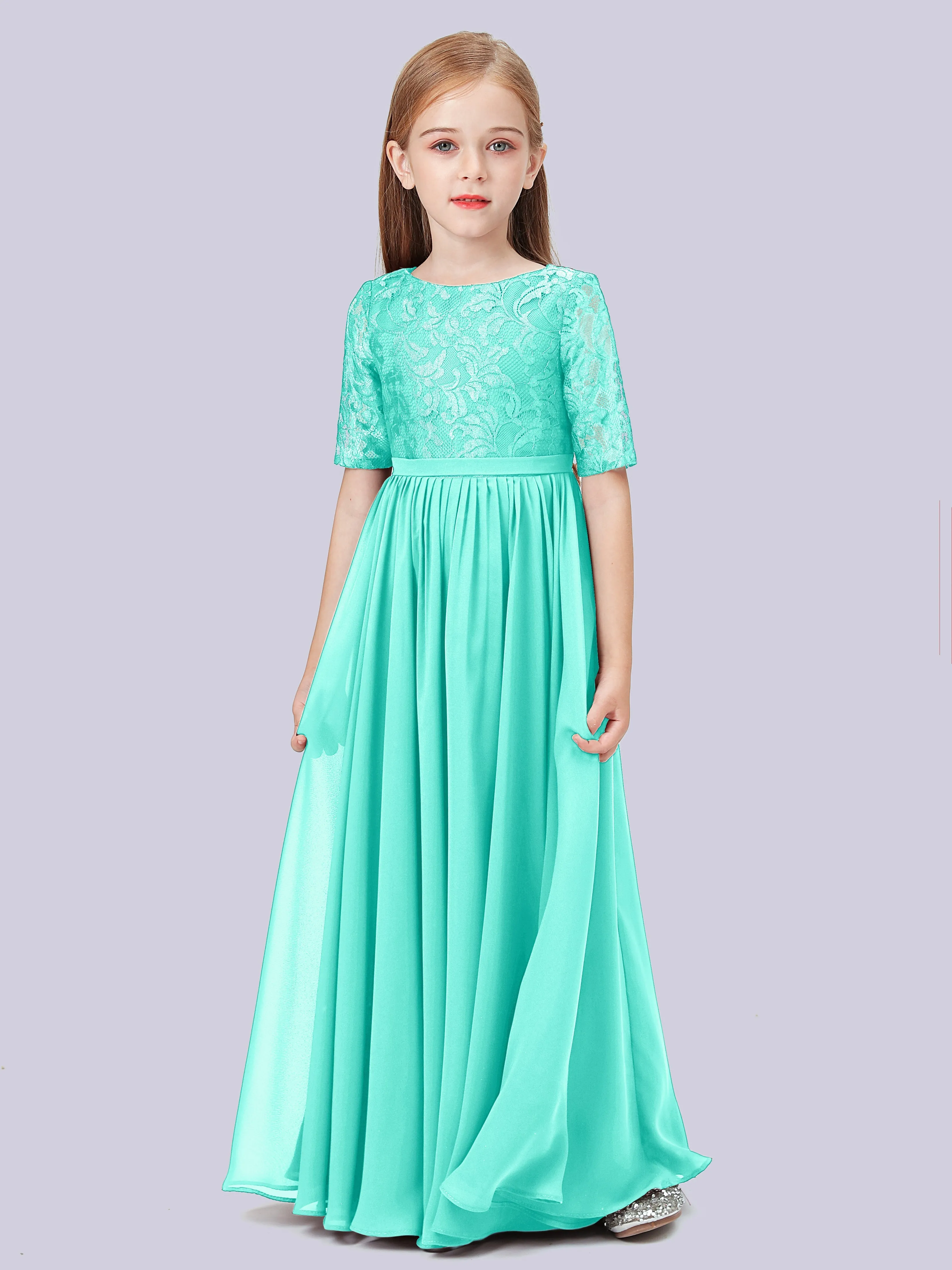 Half Sleeves Lace Junior Bridesmaid Dress