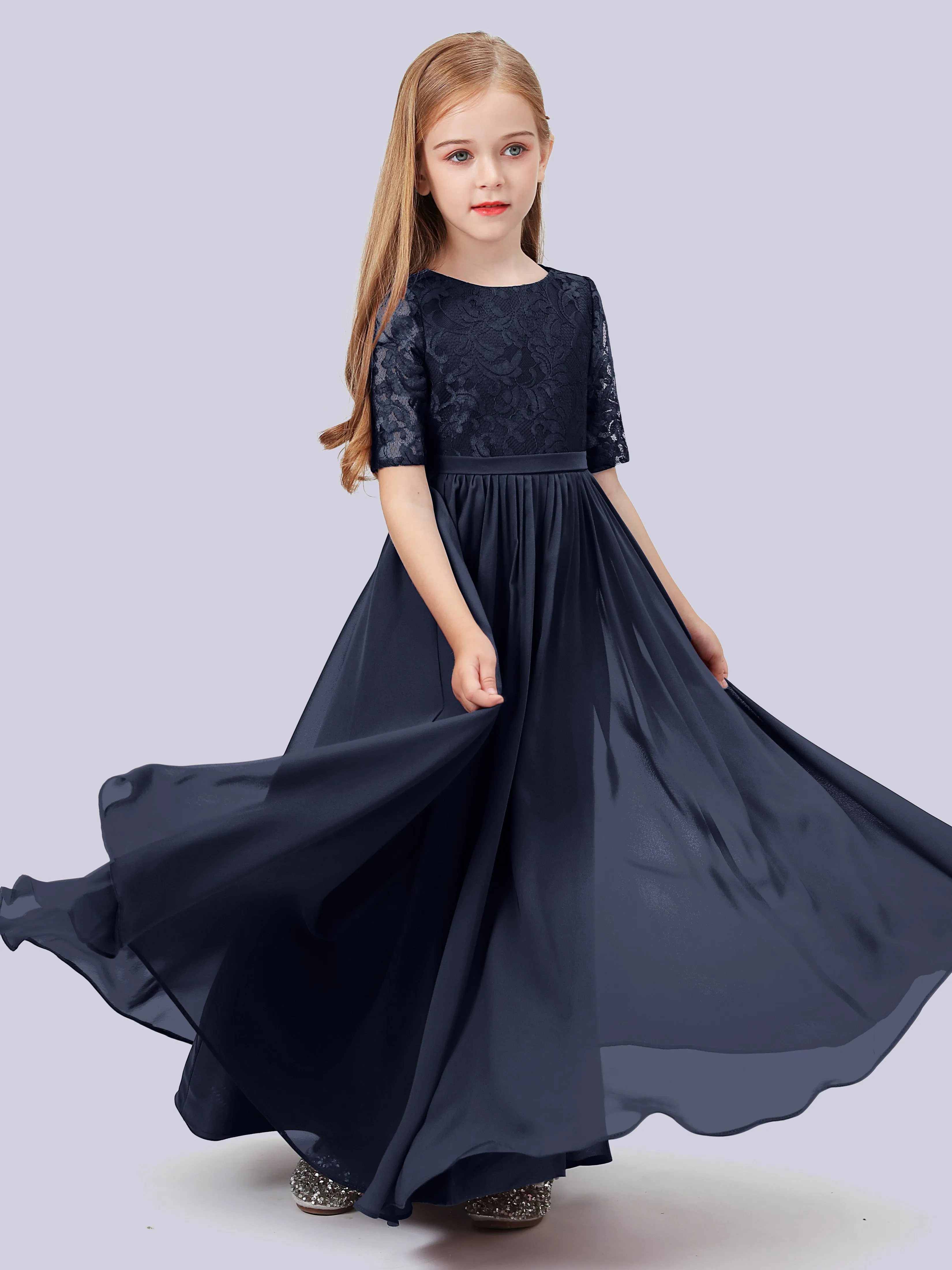 Half Sleeves Lace Junior Bridesmaid Dress