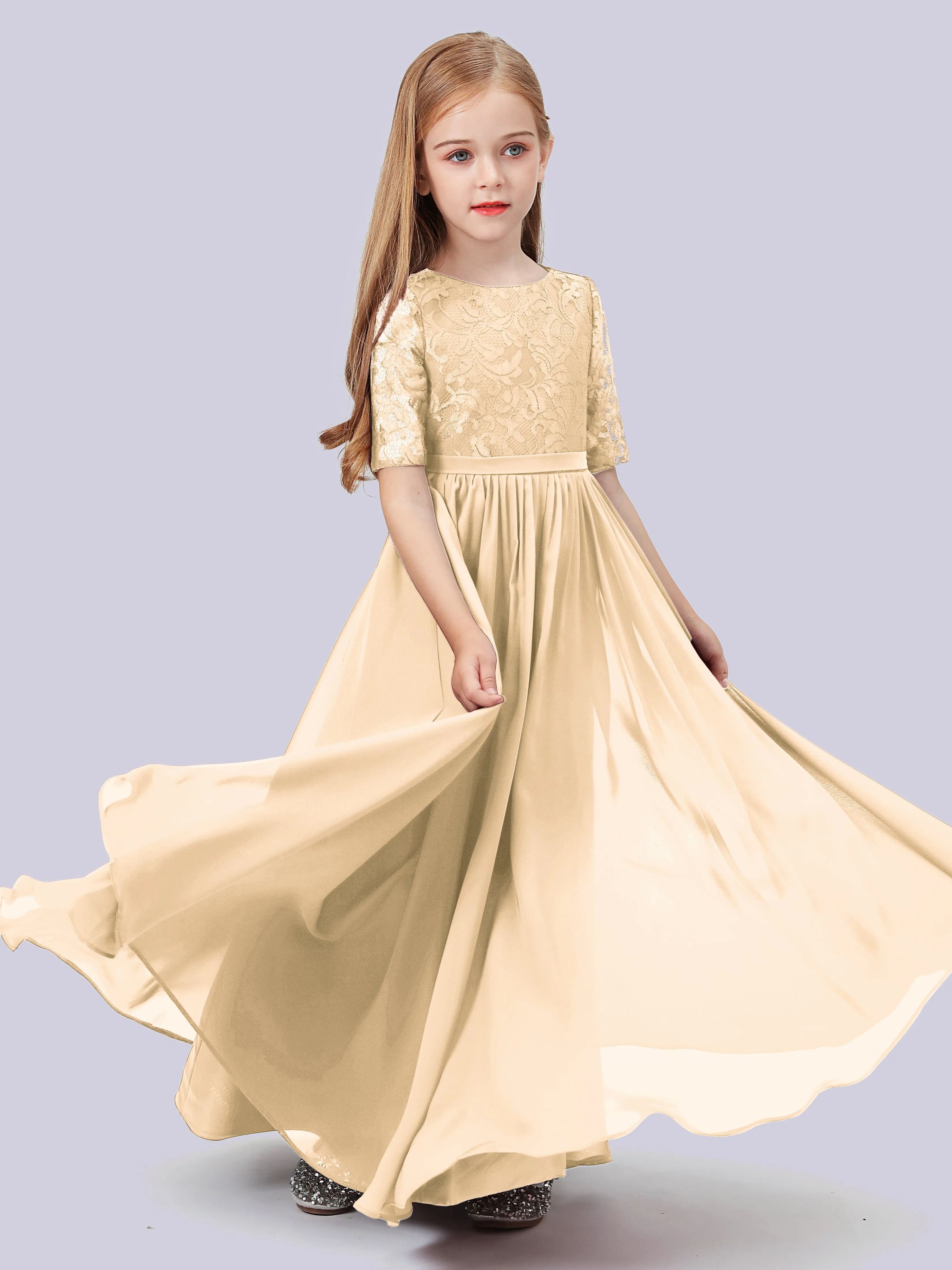 Half Sleeves Lace Junior Bridesmaid Dress