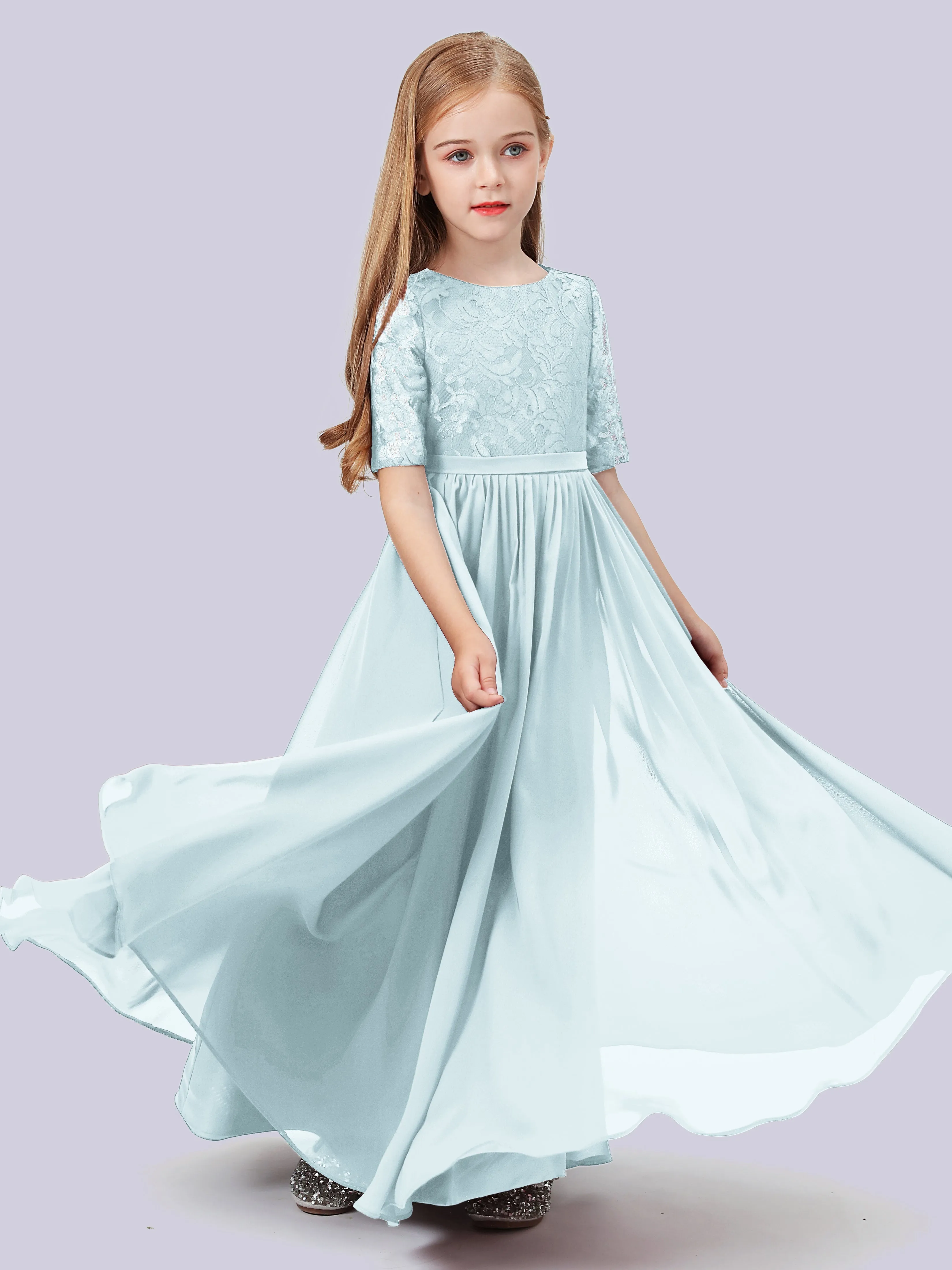 Half Sleeves Lace Junior Bridesmaid Dress