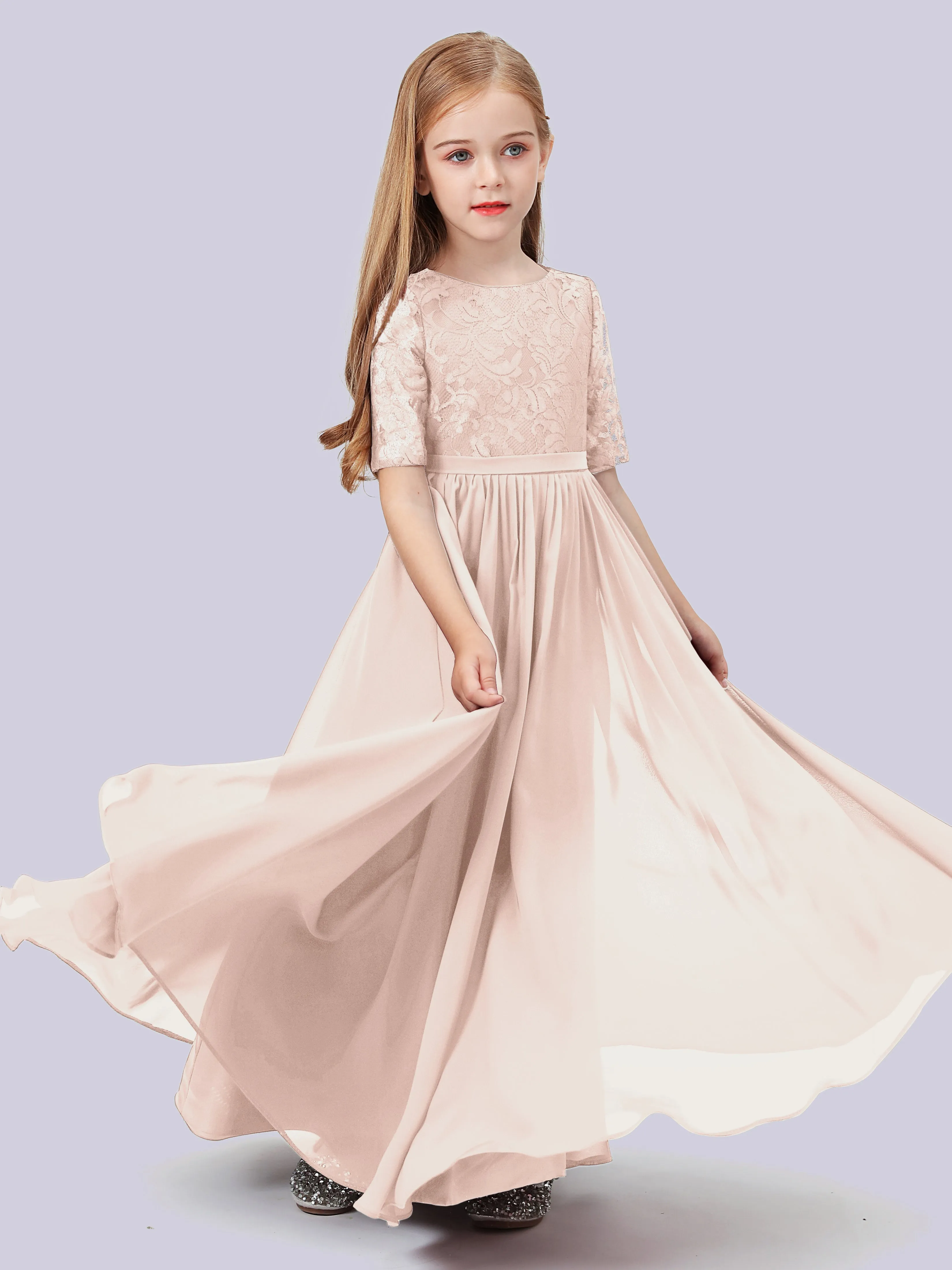 Half Sleeves Lace Junior Bridesmaid Dress