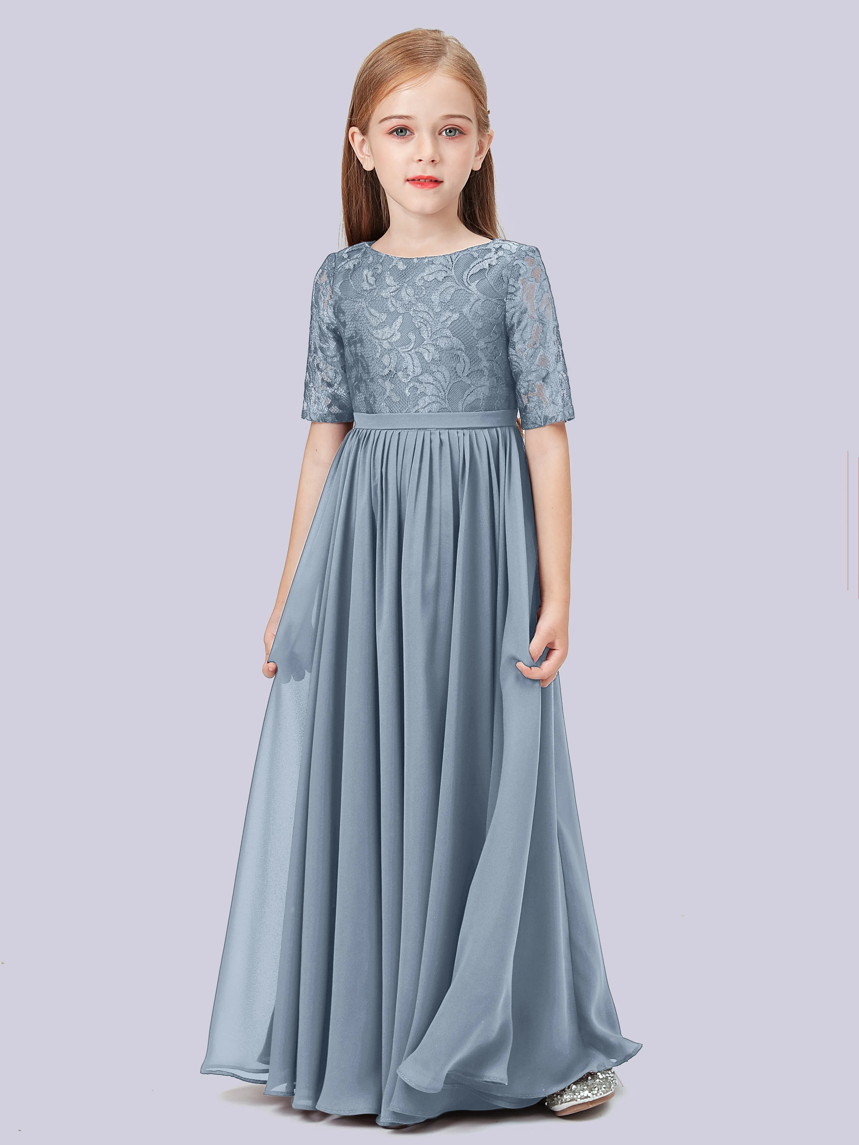 Half Sleeves Lace Junior Bridesmaid Dress