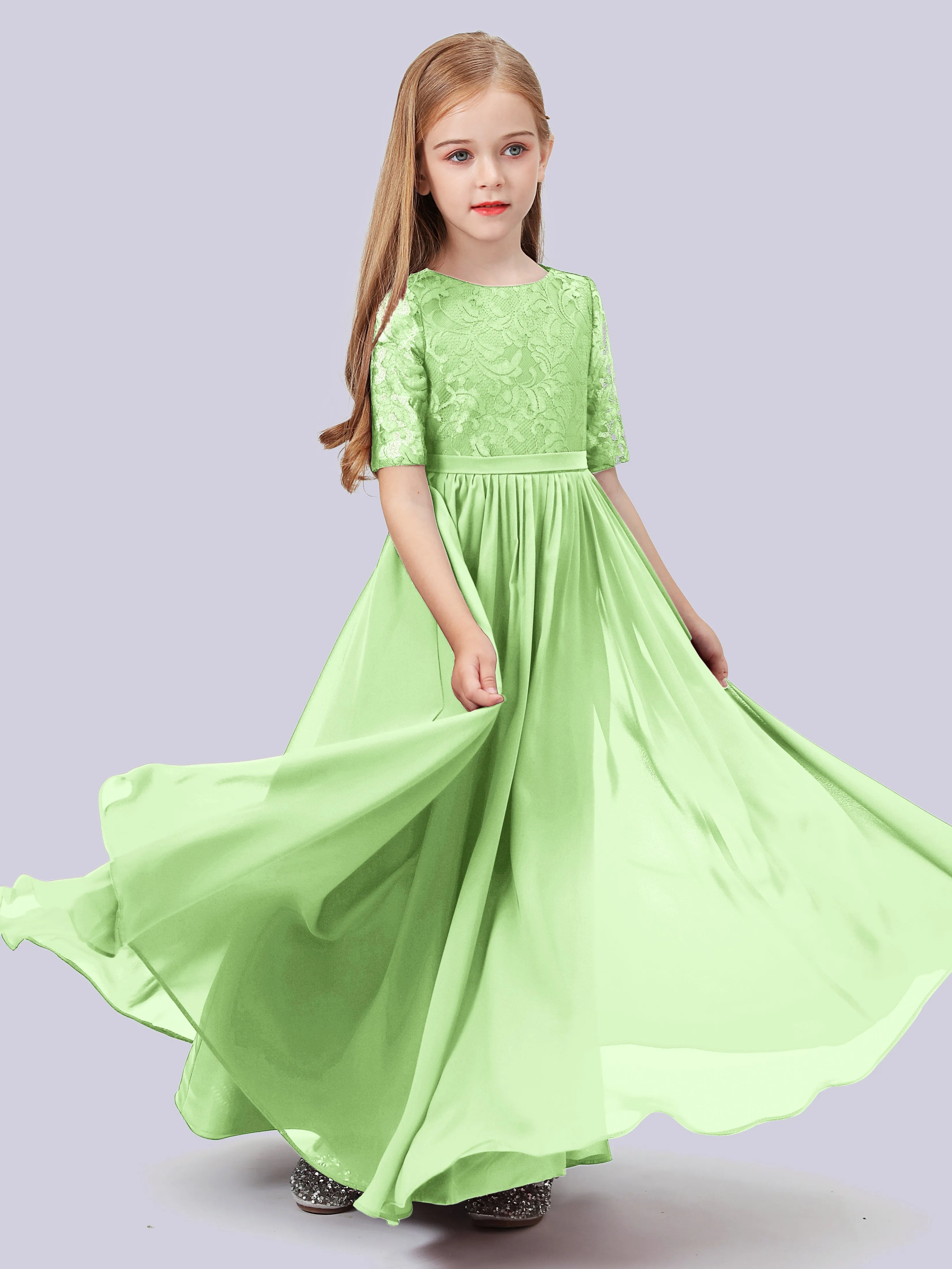 Half Sleeves Lace Junior Bridesmaid Dress