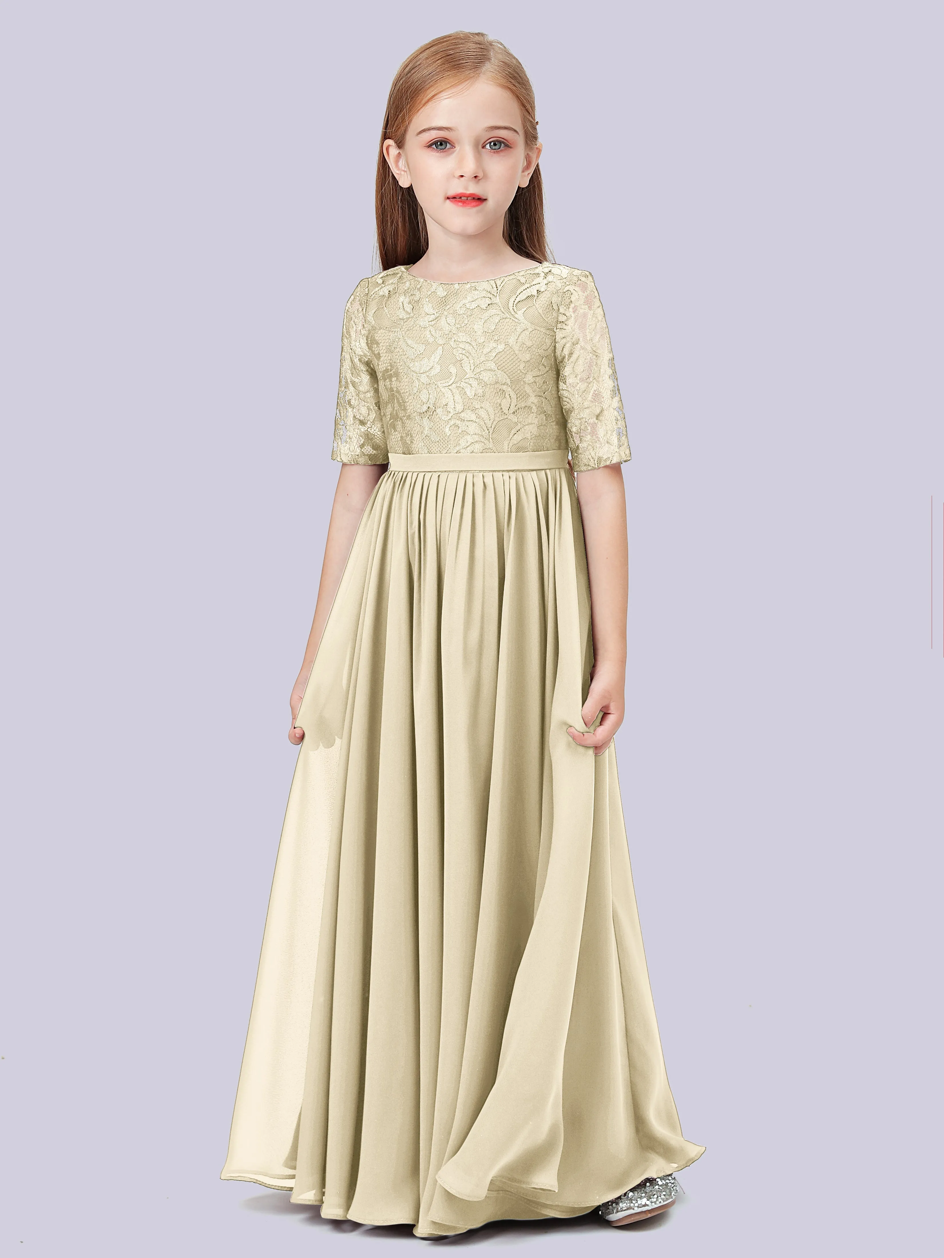 Half Sleeves Lace Junior Bridesmaid Dress