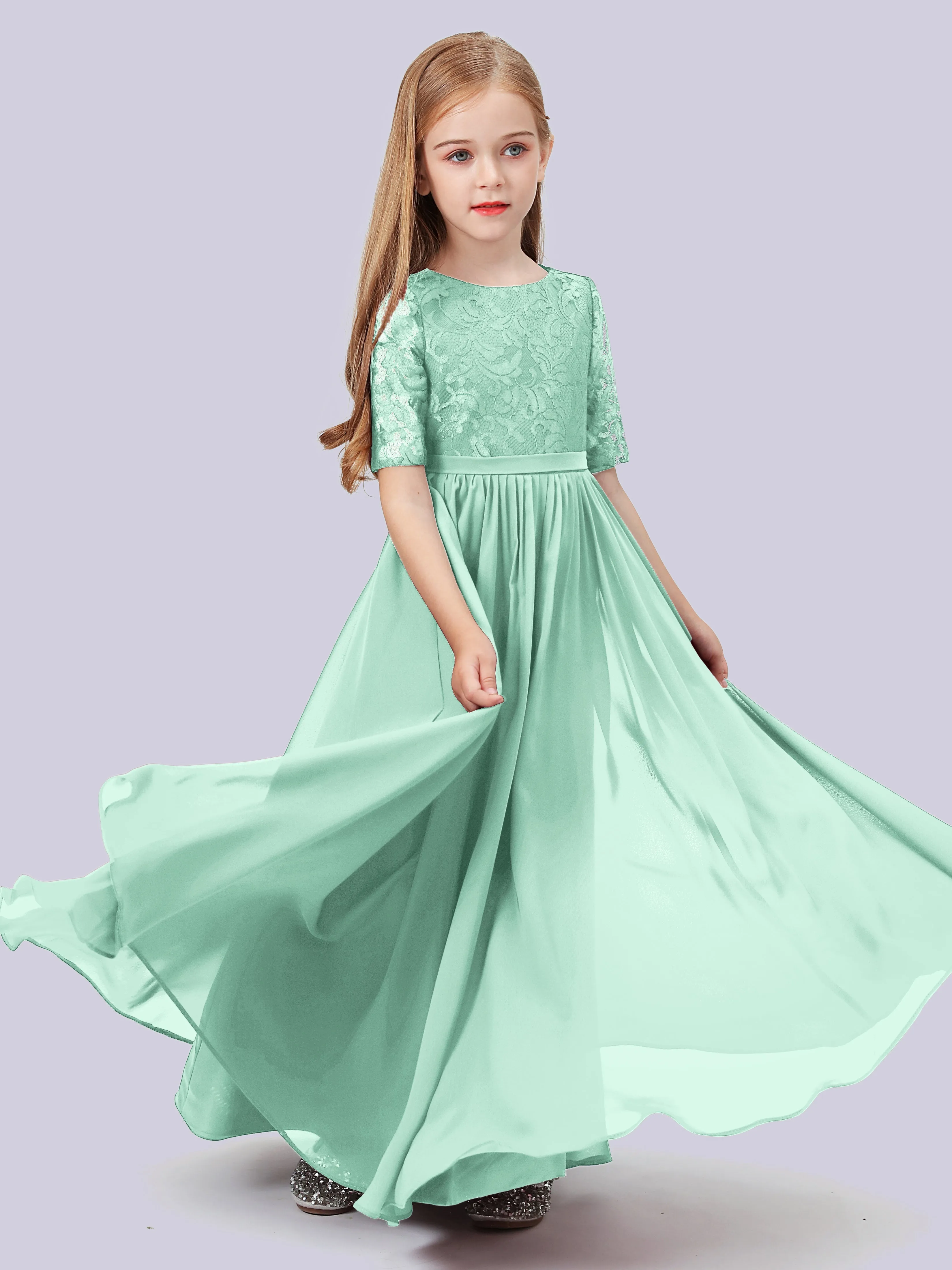 Half Sleeves Lace Junior Bridesmaid Dress