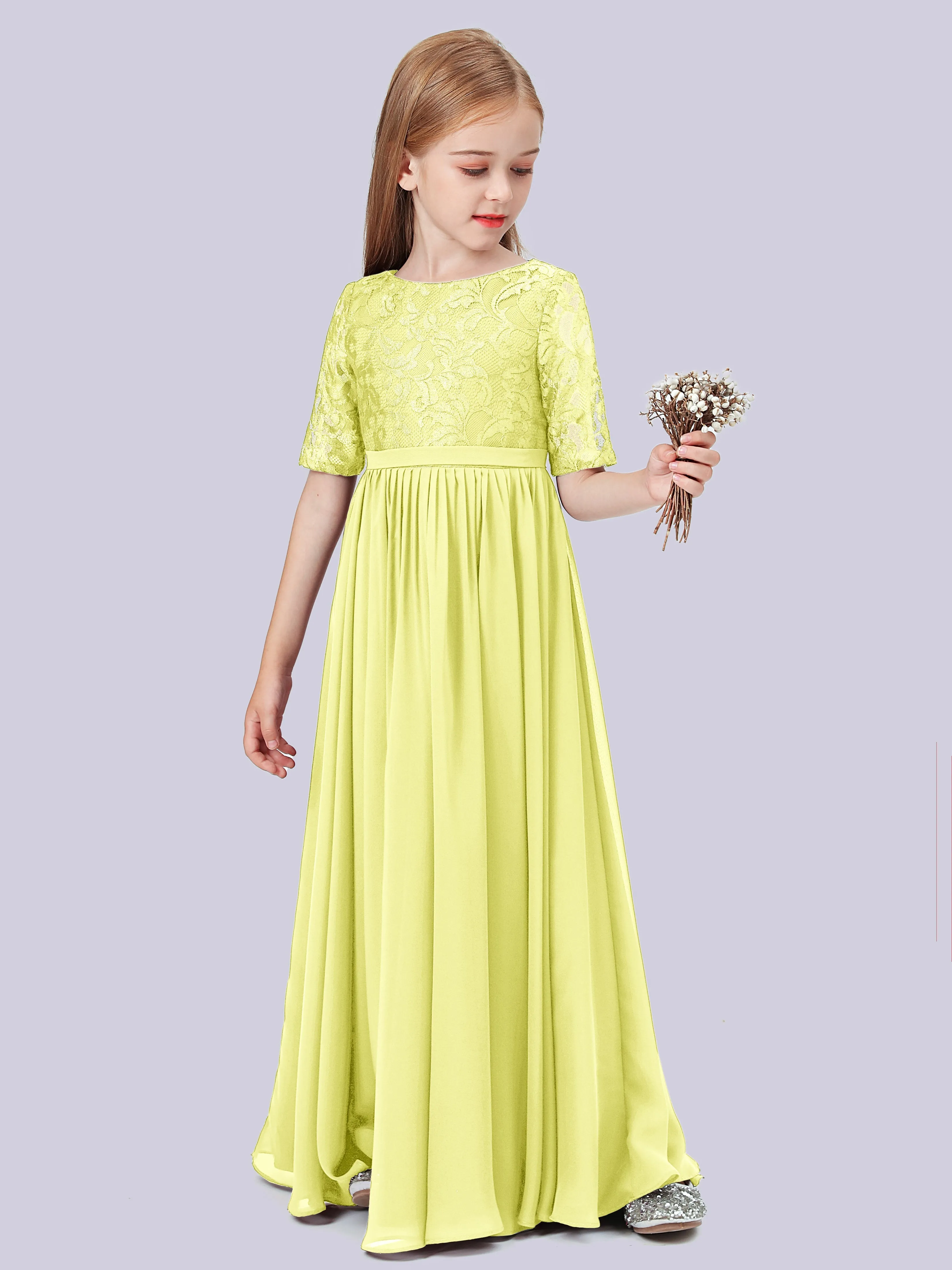 Half Sleeves Lace Junior Bridesmaid Dress