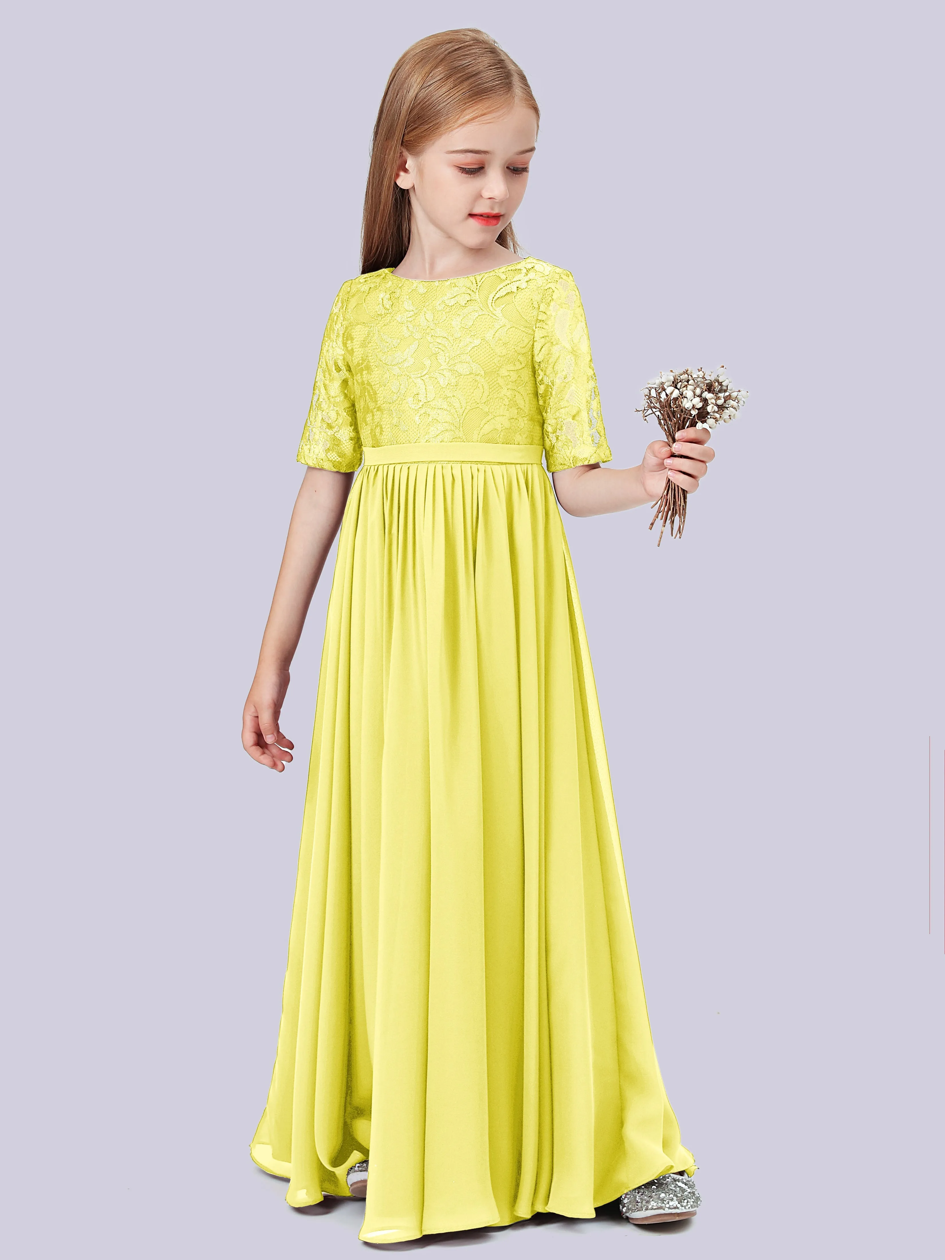 Half Sleeves Lace Junior Bridesmaid Dress