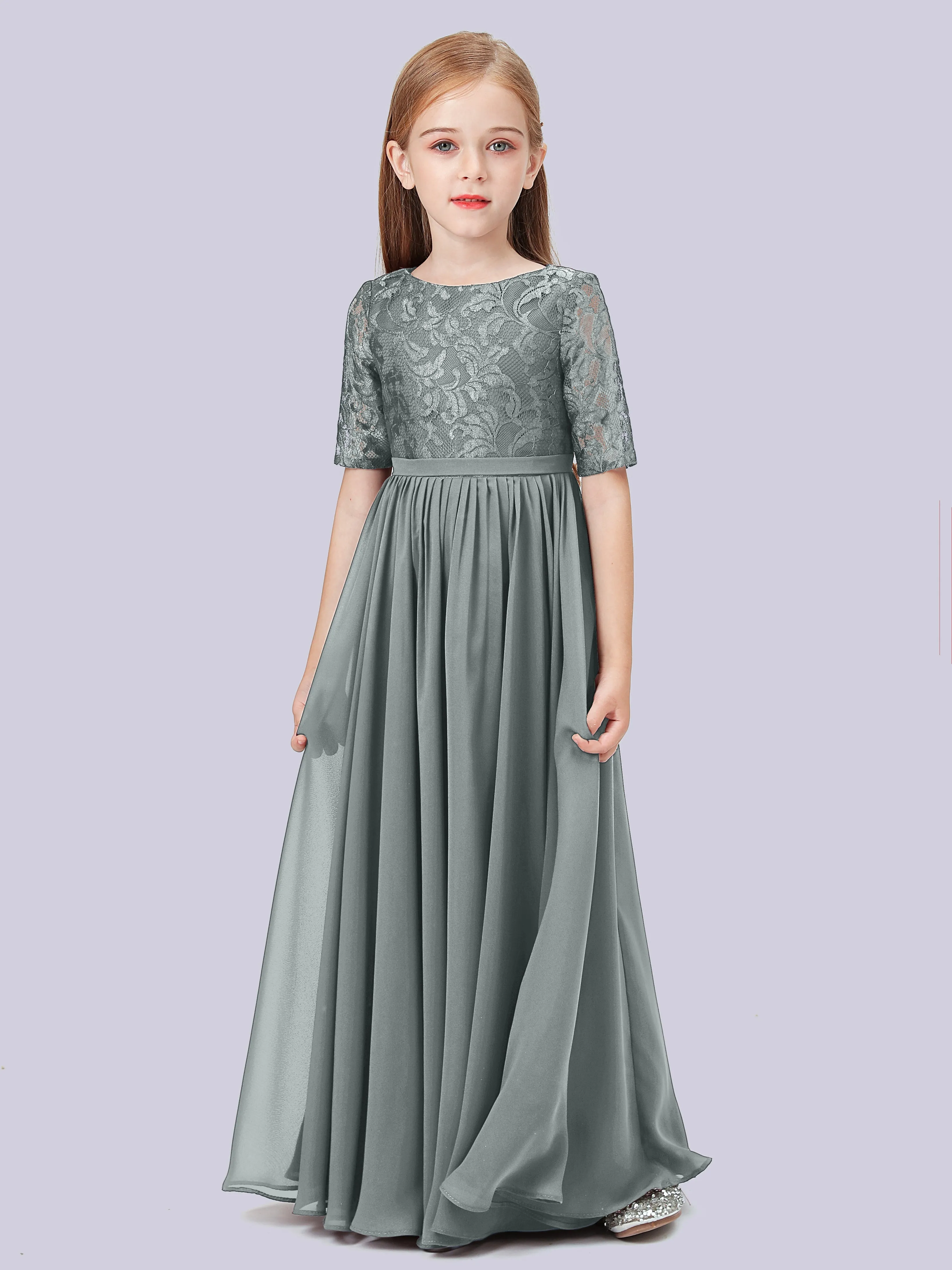 Half Sleeves Lace Junior Bridesmaid Dress