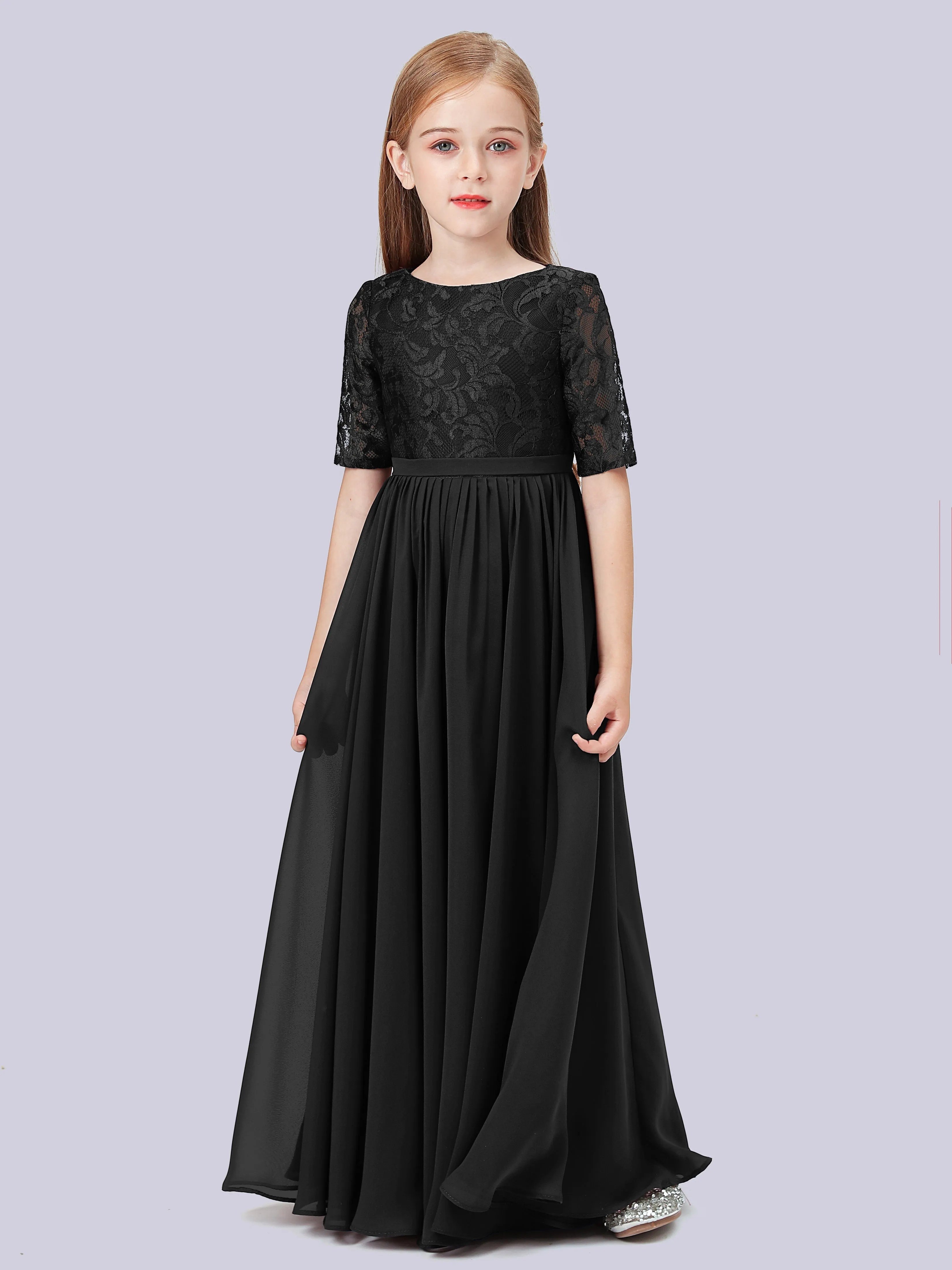 Half Sleeves Lace Junior Bridesmaid Dress