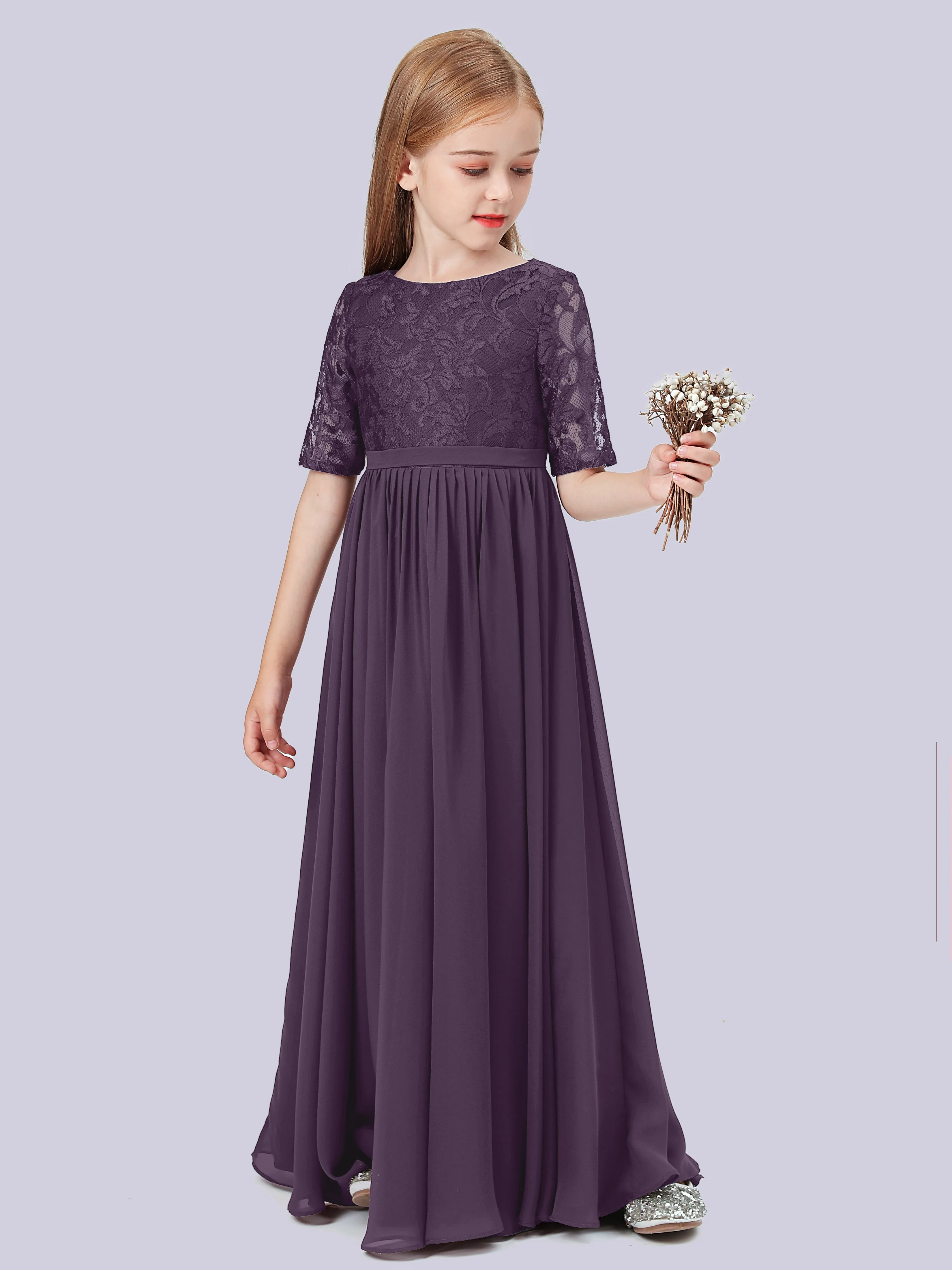 Half Sleeves Lace Junior Bridesmaid Dress